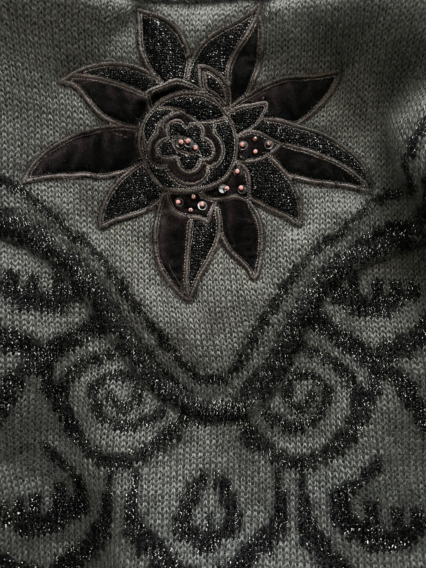 Vintage 80's Escada Thick Cardigan Jacket Rhinestones & Metallic Thread Made in Western Germany Size S Mohair Wool Dark Grey