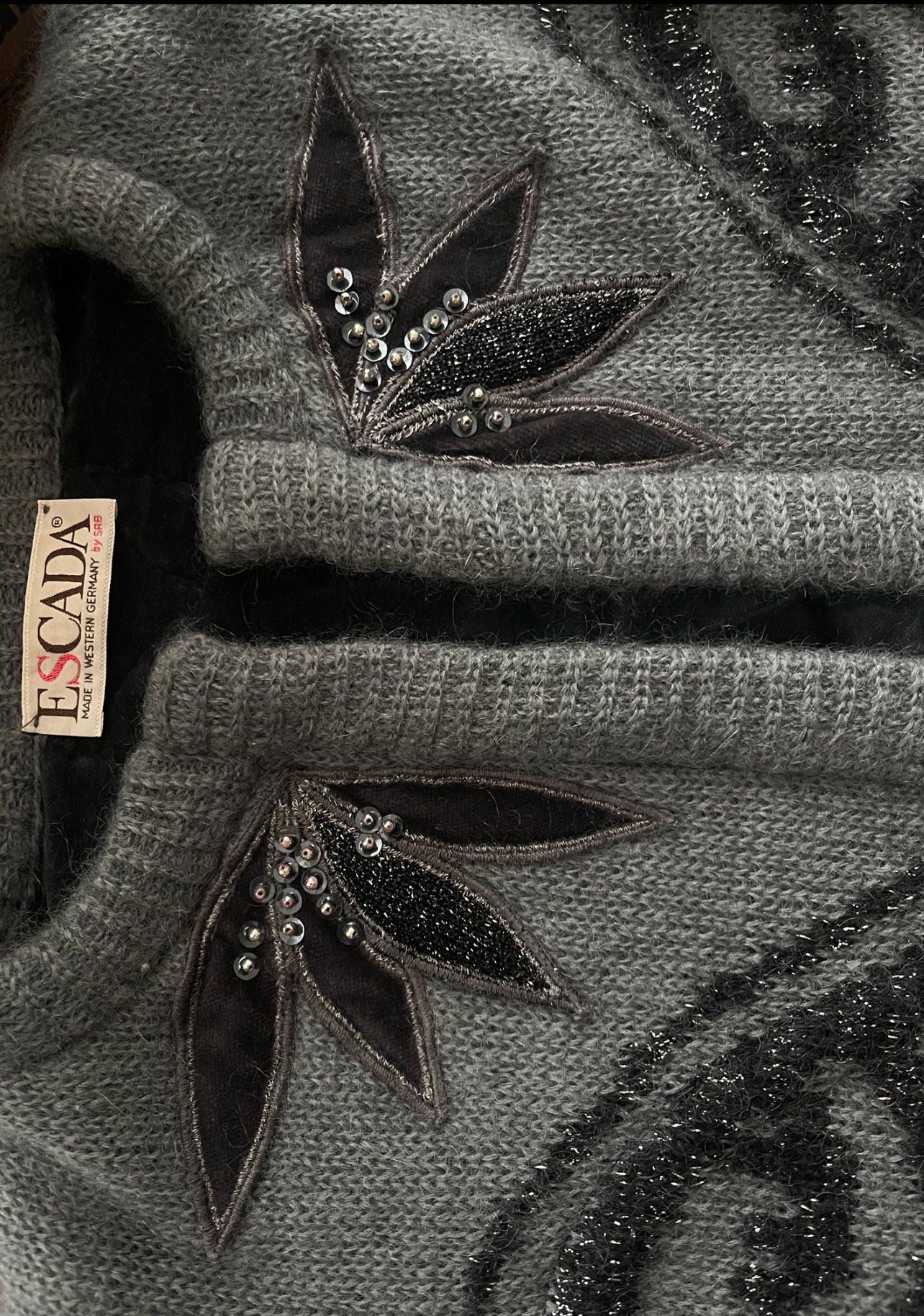 Vintage 80's Escada Thick Cardigan Jacket Rhinestones & Metallic Thread Made in Western Germany Size S Mohair Wool Dark Grey