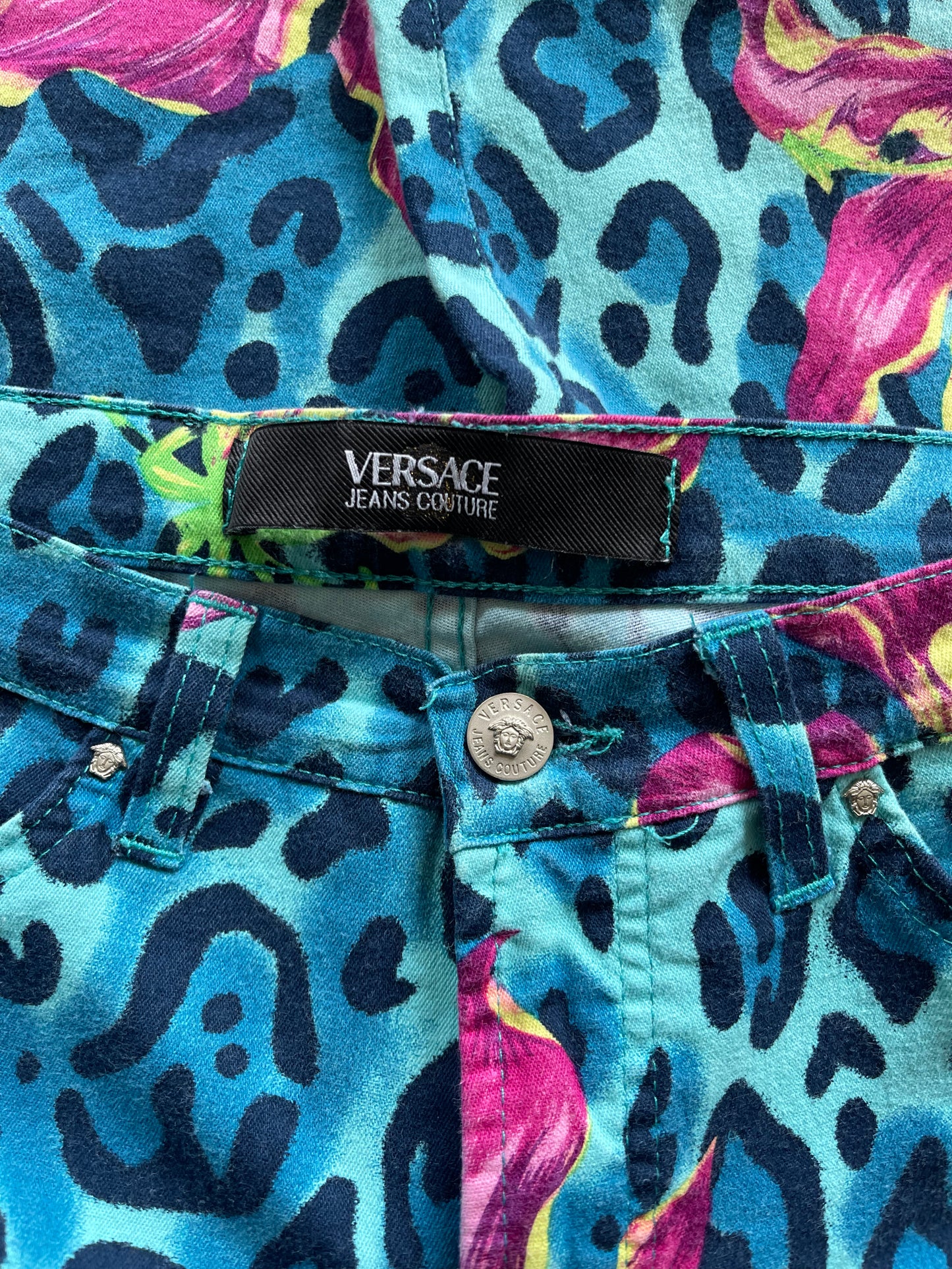 Y2K Versace Jeans Couture Ittierre Medusa Pants Made in Italy Animal Leopard Floral Flower Lilac Print Mid Waist Cotton