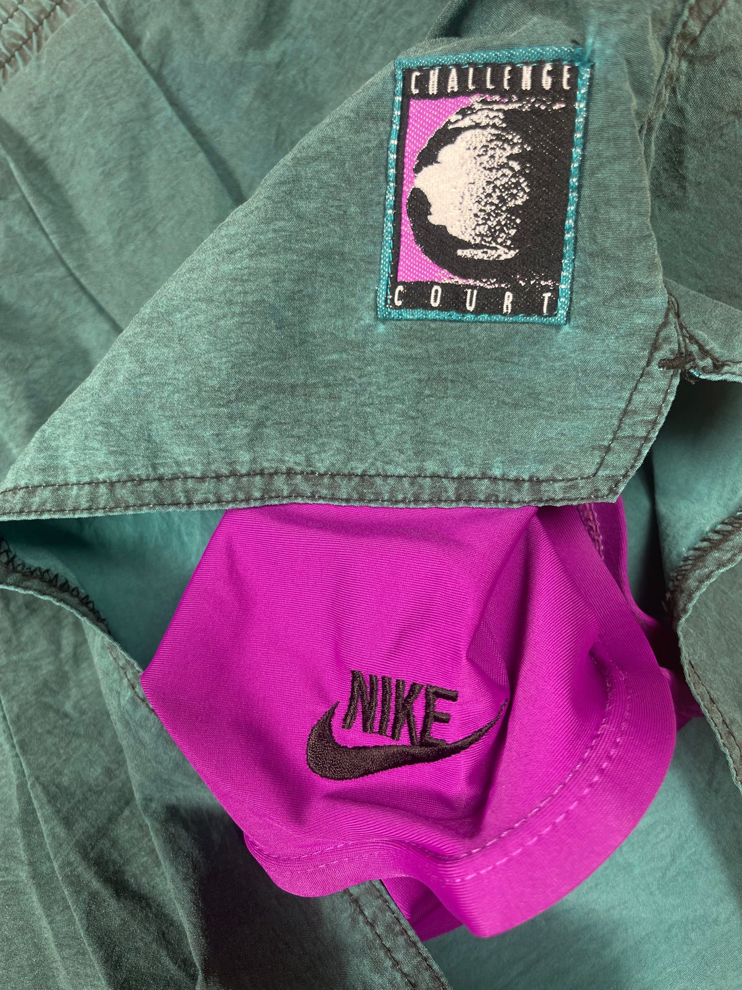 90's Nike Challenge Court Tennis Shorts With Leggins Attached Andre Agassi Nylon Made in Taiwan Size XL Turquoise Purple