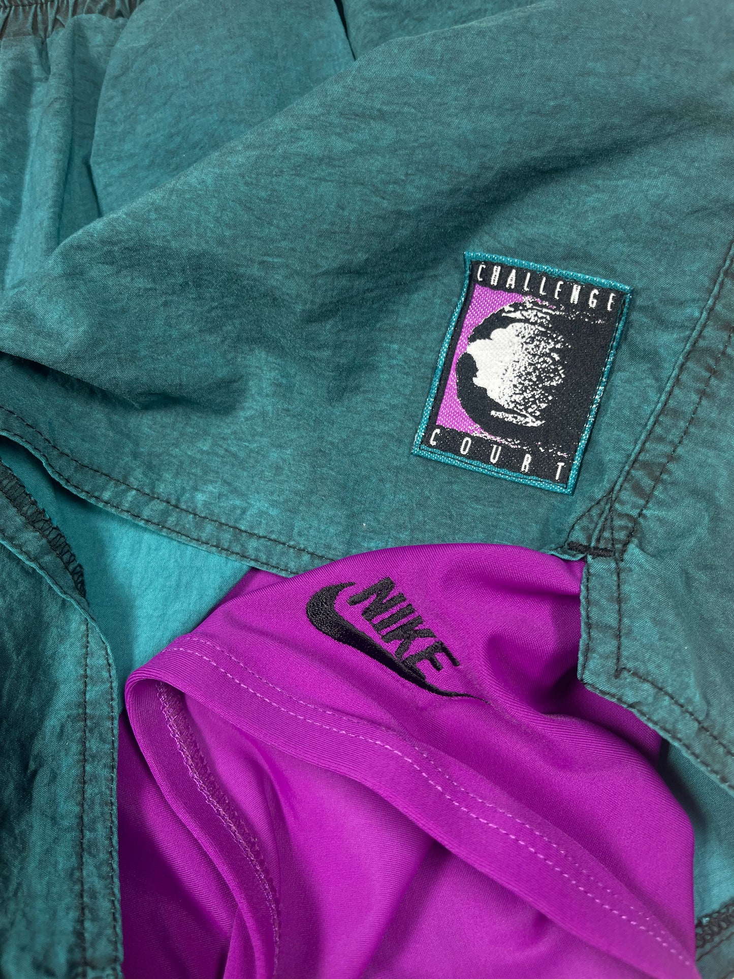 90's Nike Challenge Court Tennis Shorts With Leggins Attached Andre Agassi Nylon Made in Taiwan Size M Turquoise Purple
