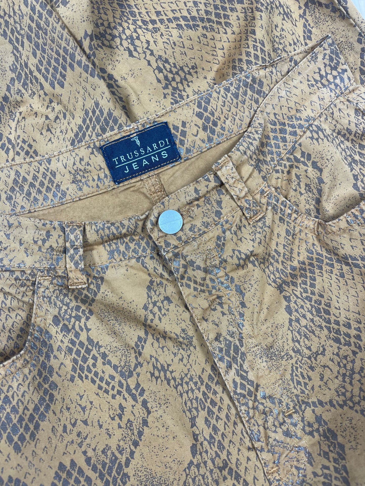 Vintage Trussardi Thin Jeans Pants Trousers Made in Italy Reptile Snake Skin Pattern Mid Rise Waist Straight Leg Silhouette Size S