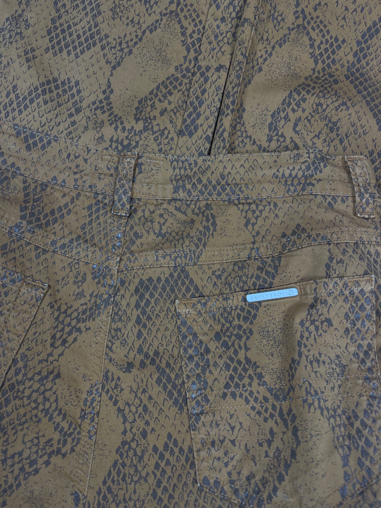 Vintage Trussardi Thin Jeans Pants Trousers Made in Italy Reptile Snake Skin Pattern Mid Rise Waist Straight Leg Silhouette Size S