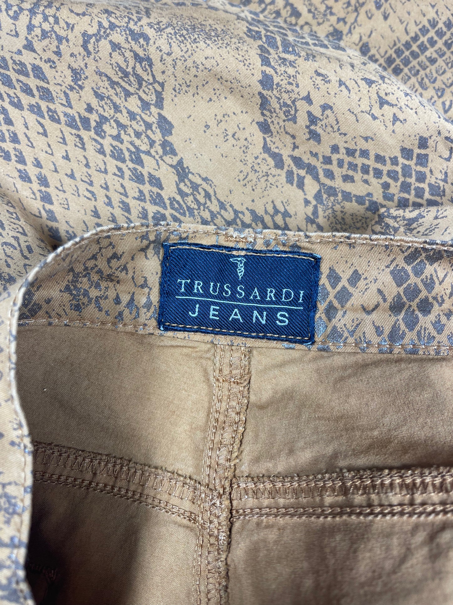 Vintage Trussardi Thin Jeans Pants Trousers Made in Italy Reptile Snake Skin Pattern Mid Rise Waist Straight Leg Silhouette Size S