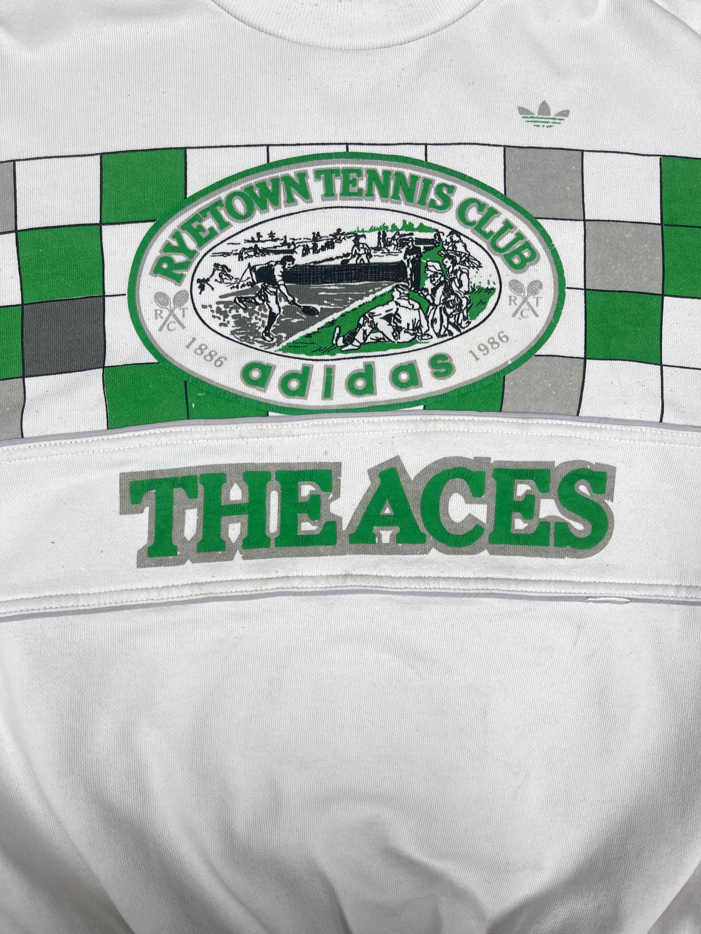 Archive Rare Classic Vintage Adidas Take Off The Aces RyeTown Tennis Club 1886 1986 Sweatshirt White Green Crew Neck