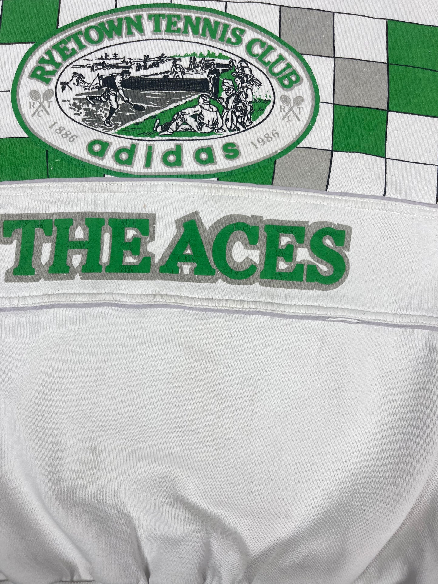 Archive Rare Classic Vintage Adidas Take Off The Aces RyeTown Tennis Club 1886 1986 Sweatshirt White Green Crew Neck