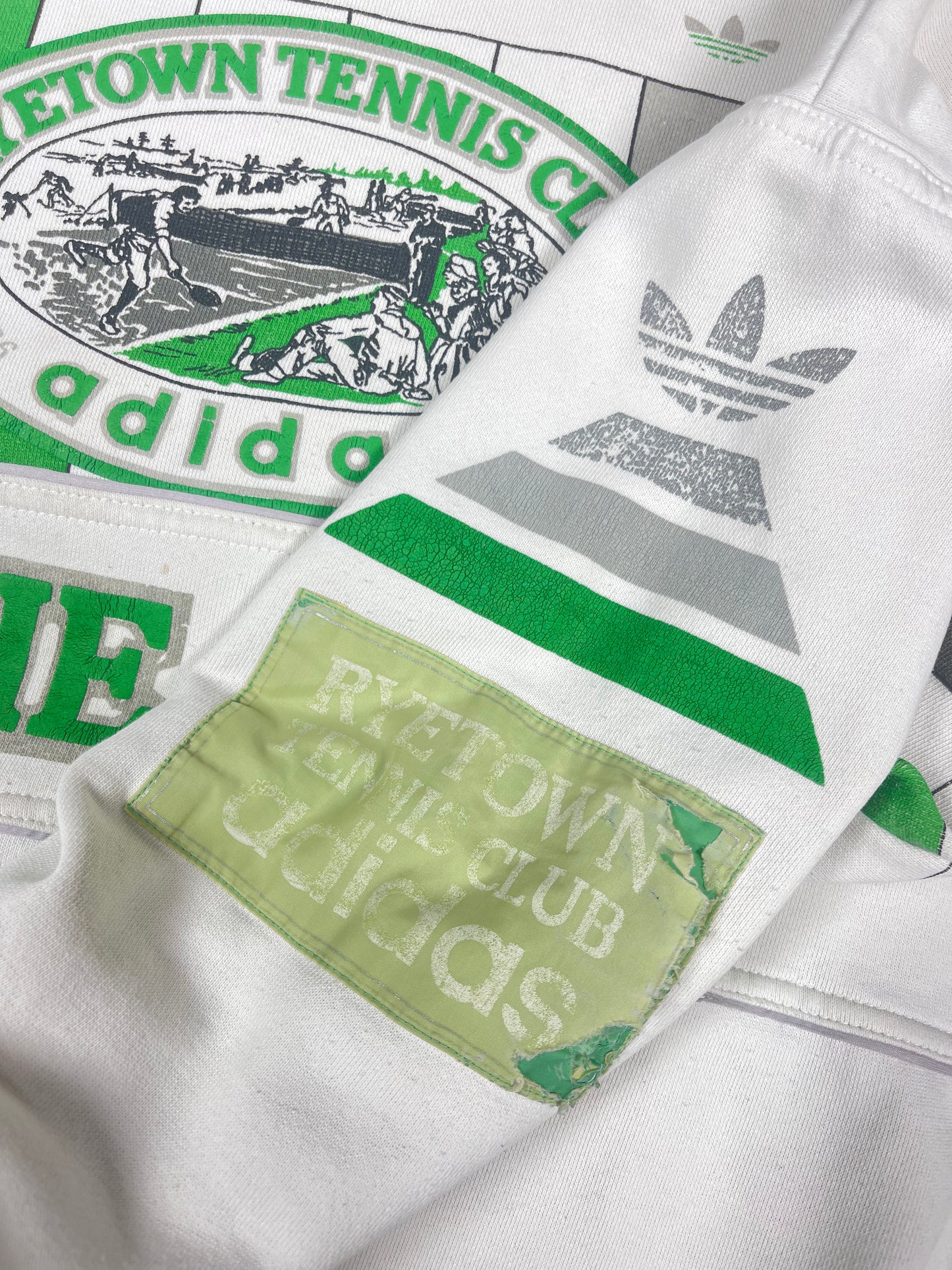 Archive Rare Classic Vintage Adidas Take Off The Aces RyeTown Tennis Club 1886 1986 Sweatshirt White Green Crew Neck