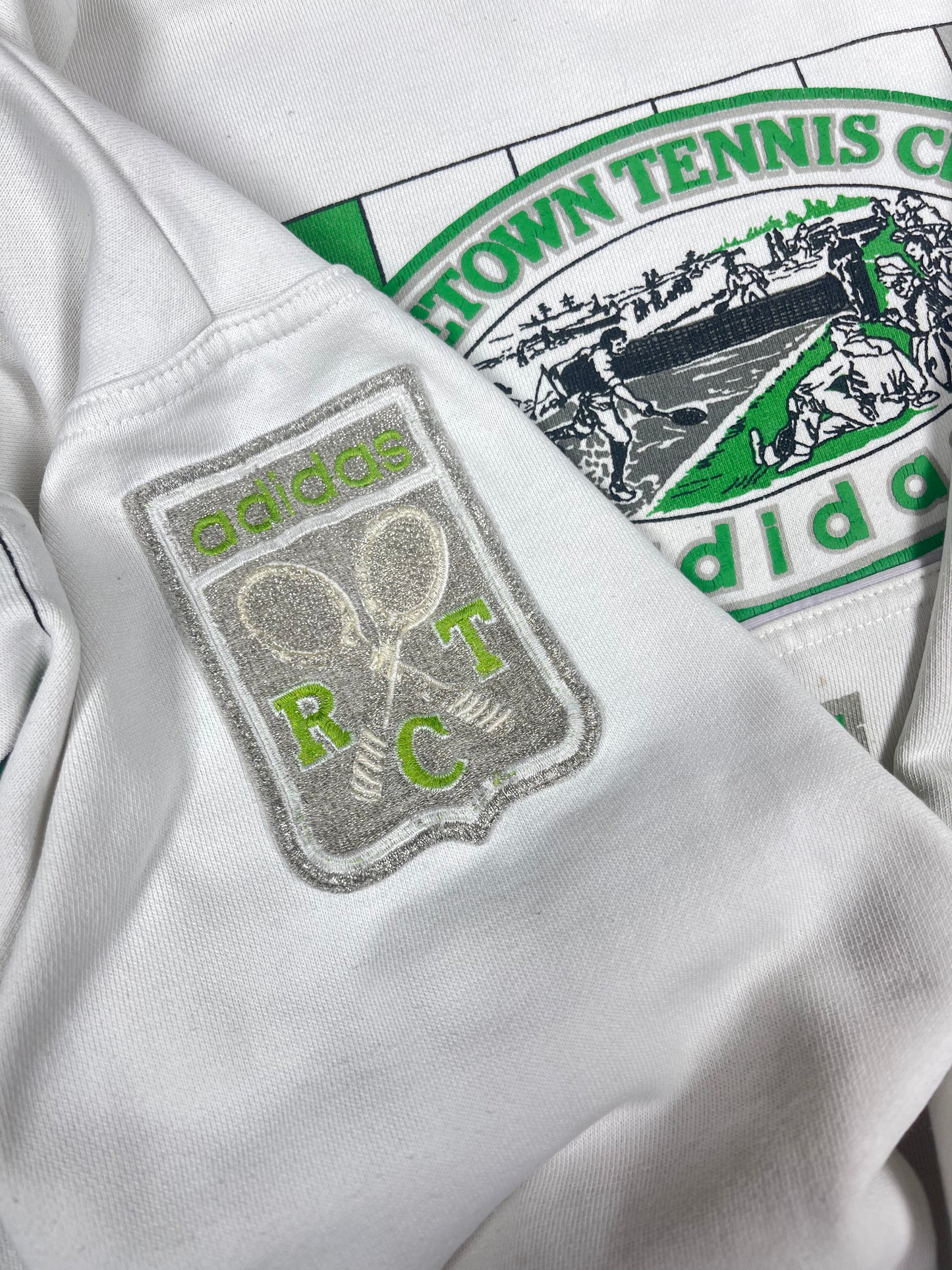 Archive Rare Classic Vintage Adidas Take Off The Aces RyeTown Tennis Club 1886 1986 Sweatshirt White Green Crew Neck
