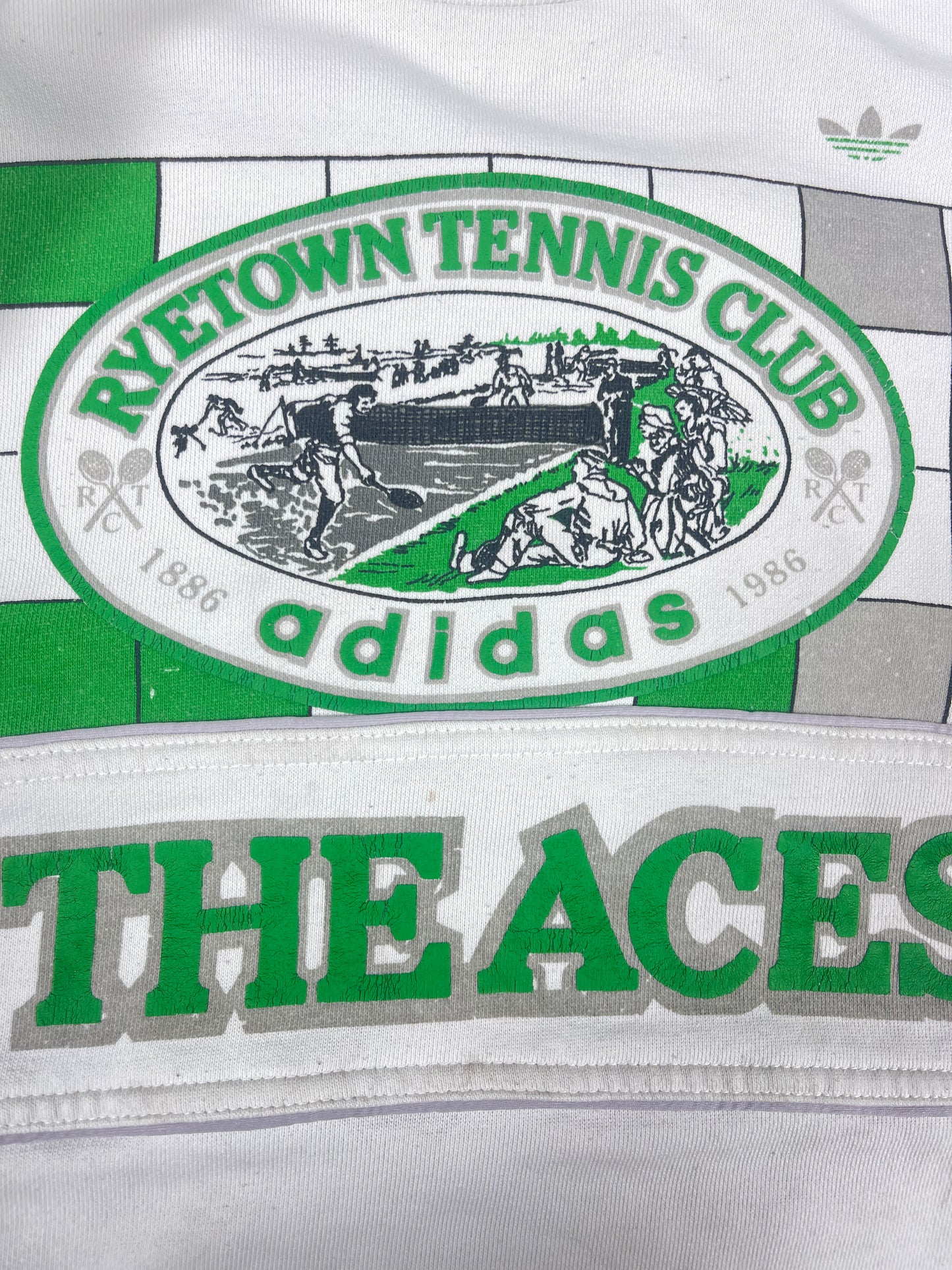 Archive Rare Classic Vintage Adidas Take Off The Aces RyeTown Tennis Club 1886 1986 Sweatshirt White Green Crew Neck