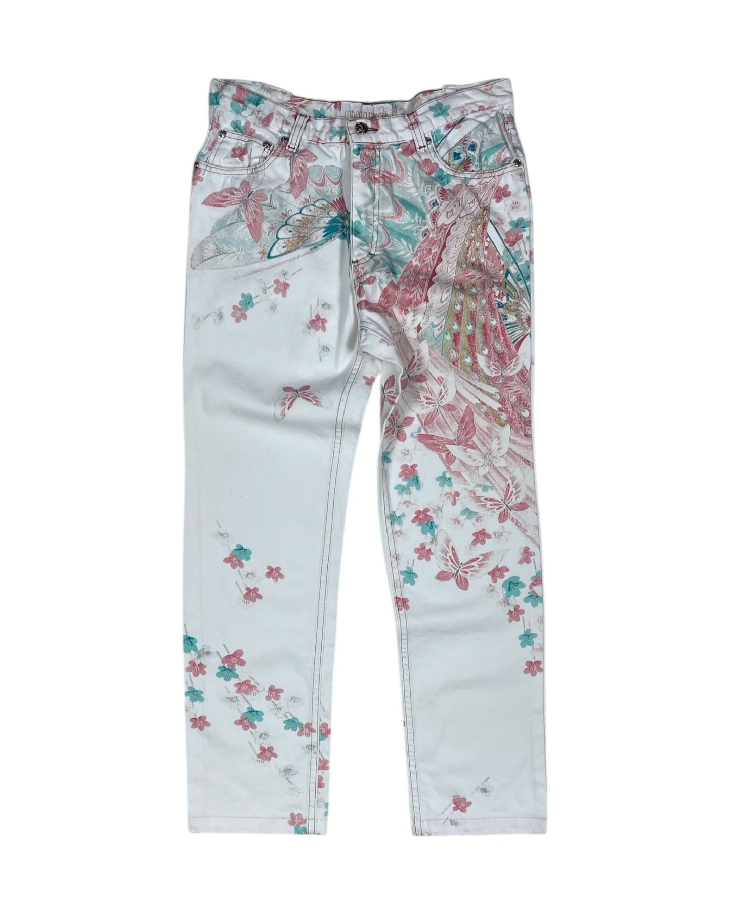 Jeans Trousers Made in Italy Size M White Romantic Floral Peacock Flowers Butterfly Cotton