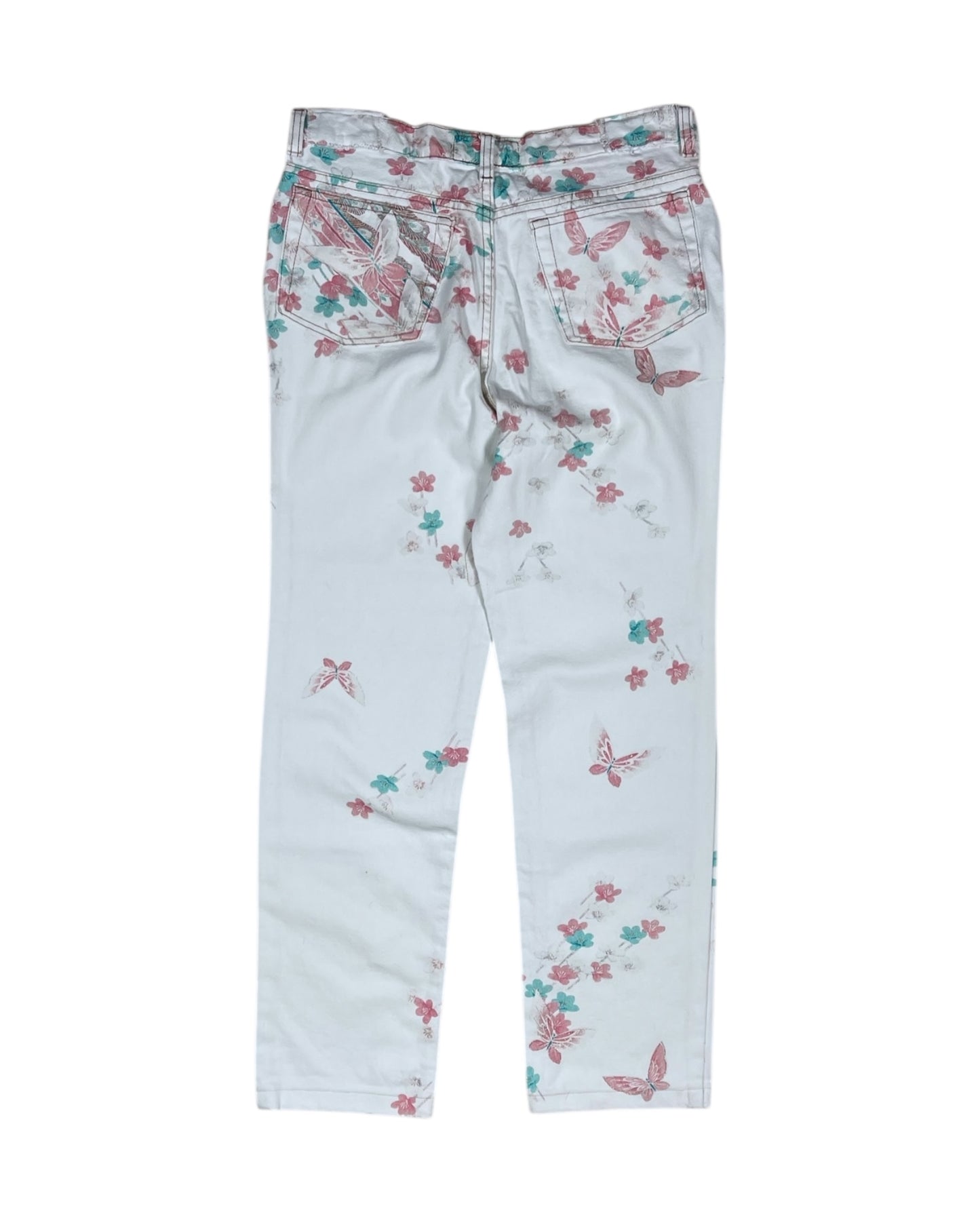 Jeans Trousers Made in Italy Size M White Romantic Floral Peacock Flowers Butterfly Cotton