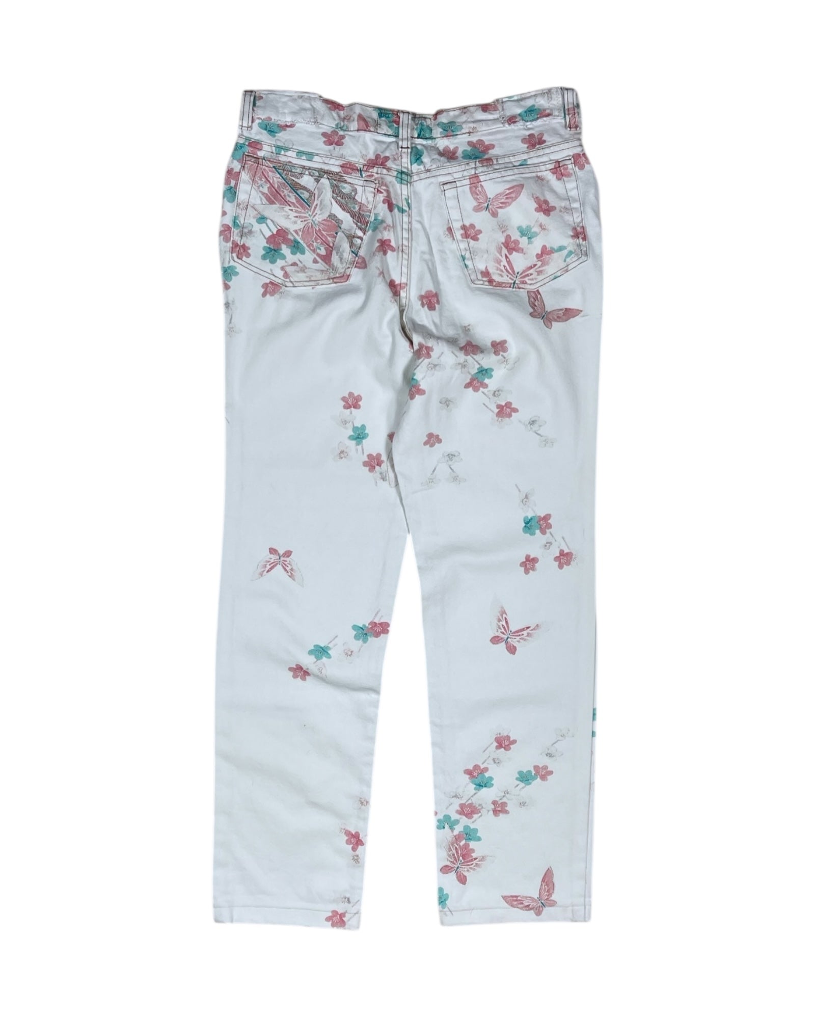 Jeans Trousers Made in Italy Size M White Romantic Floral Peacock Flowers Butterfly Cotton