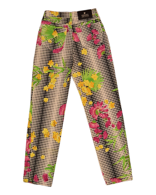 Vintage Versace Jeans Couture Medusa Thin Trousers Floral Op Art Pattern Floral Tropical Print Dot Grid Made in Italy Ittierre