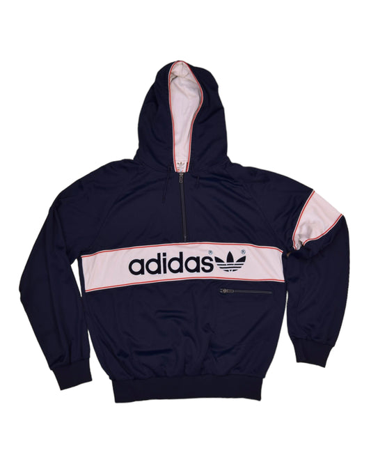 Vintage 80's Adidas Sweatshirt Made in West Germany Quarter 1/4 Zip Blue White Polyester Size M