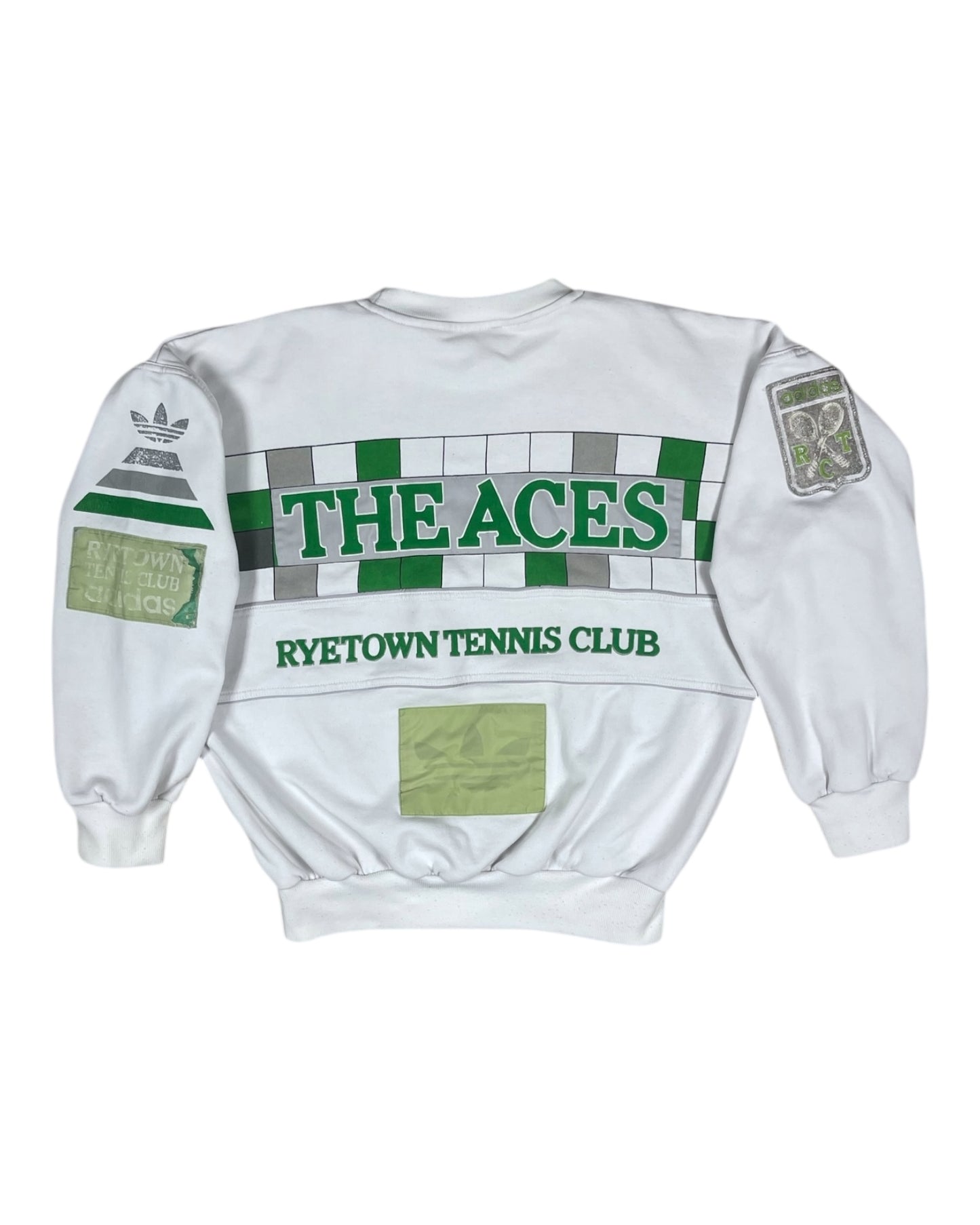 Archive Rare Classic Vintage Adidas Take Off The Aces RyeTown Tennis Club 1886 1986 Sweatshirt White Green Crew Neck