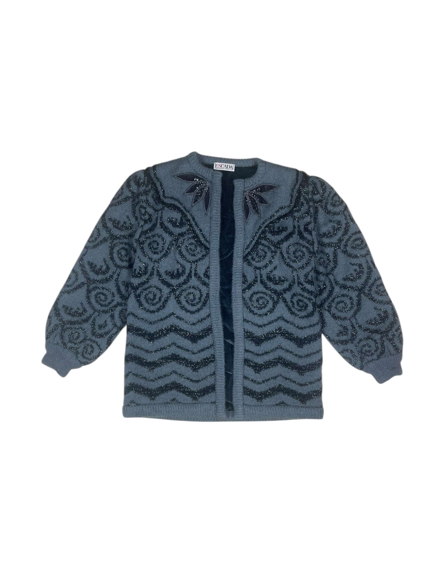Vintage 80's Escada Thick Cardigan Jacket Rhinestones & Metallic Thread Made in Western Germany Size S Mohair Wool Dark Grey