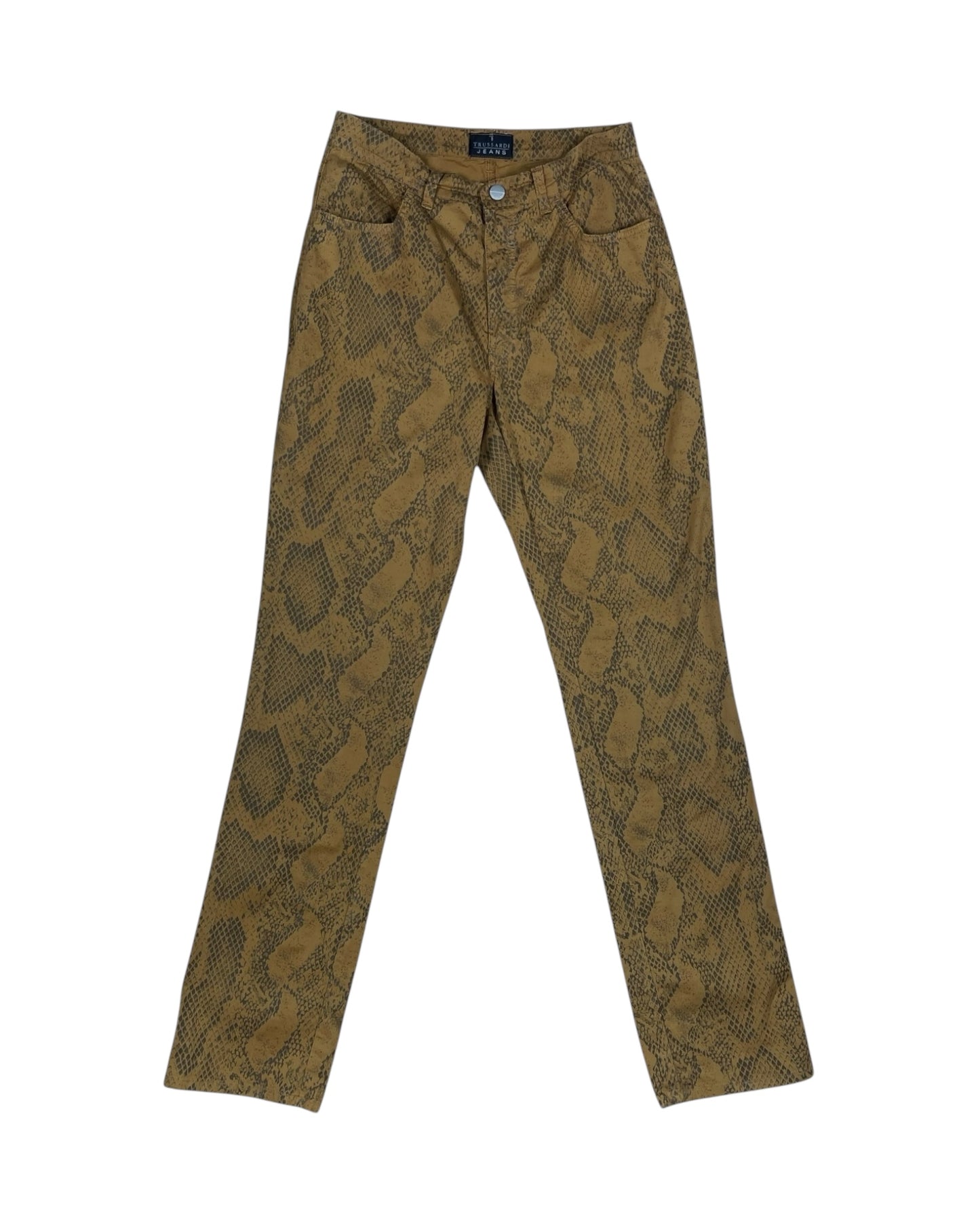 Vintage Trussardi Thin Jeans Pants Trousers Made in Italy Reptile Snake Skin Pattern Mid Rise Waist Straight Leg Silhouette Size S
