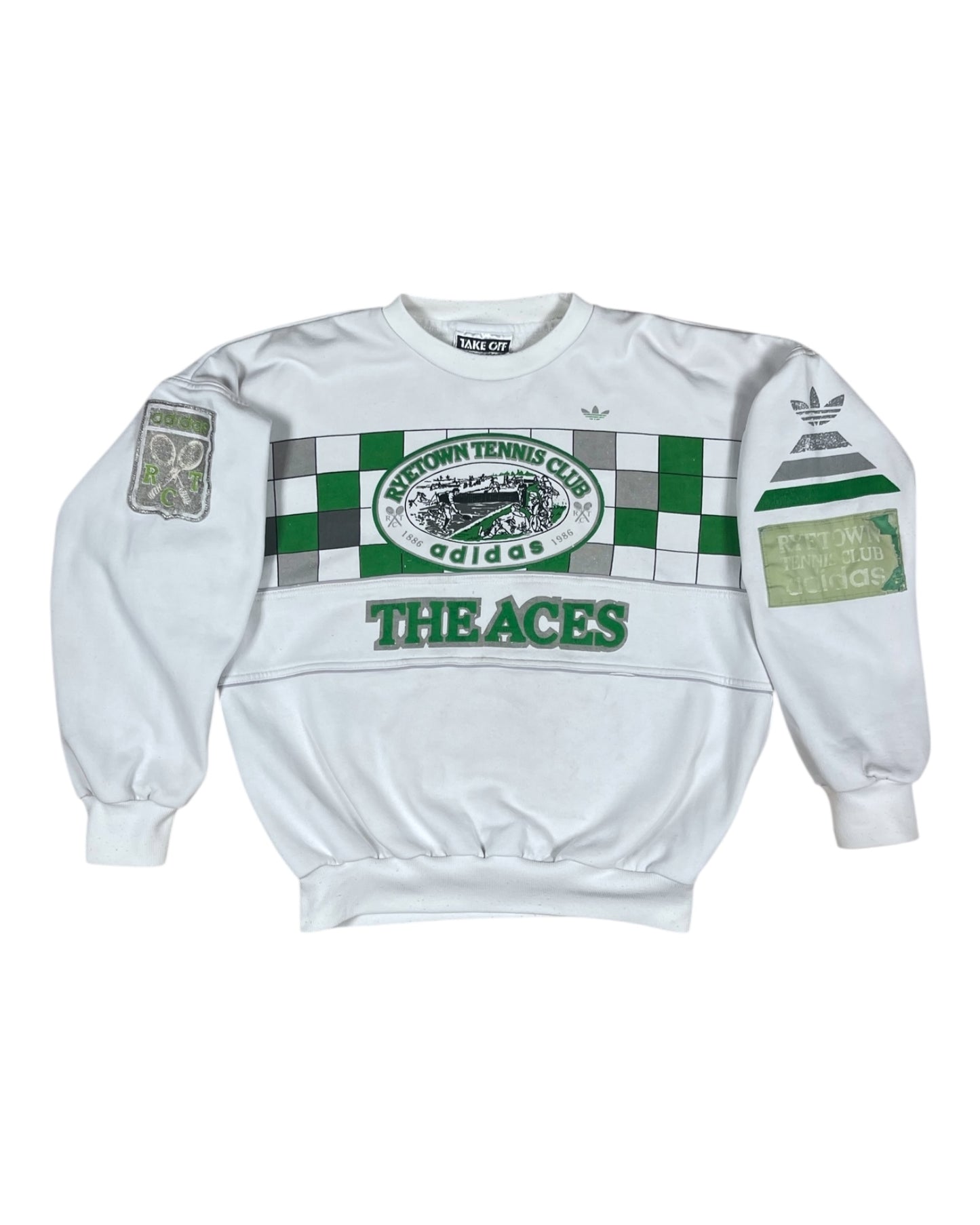 Archive Rare Classic Vintage Adidas Take Off The Aces RyeTown Tennis Club 1886 1986 Sweatshirt White Green Crew Neck