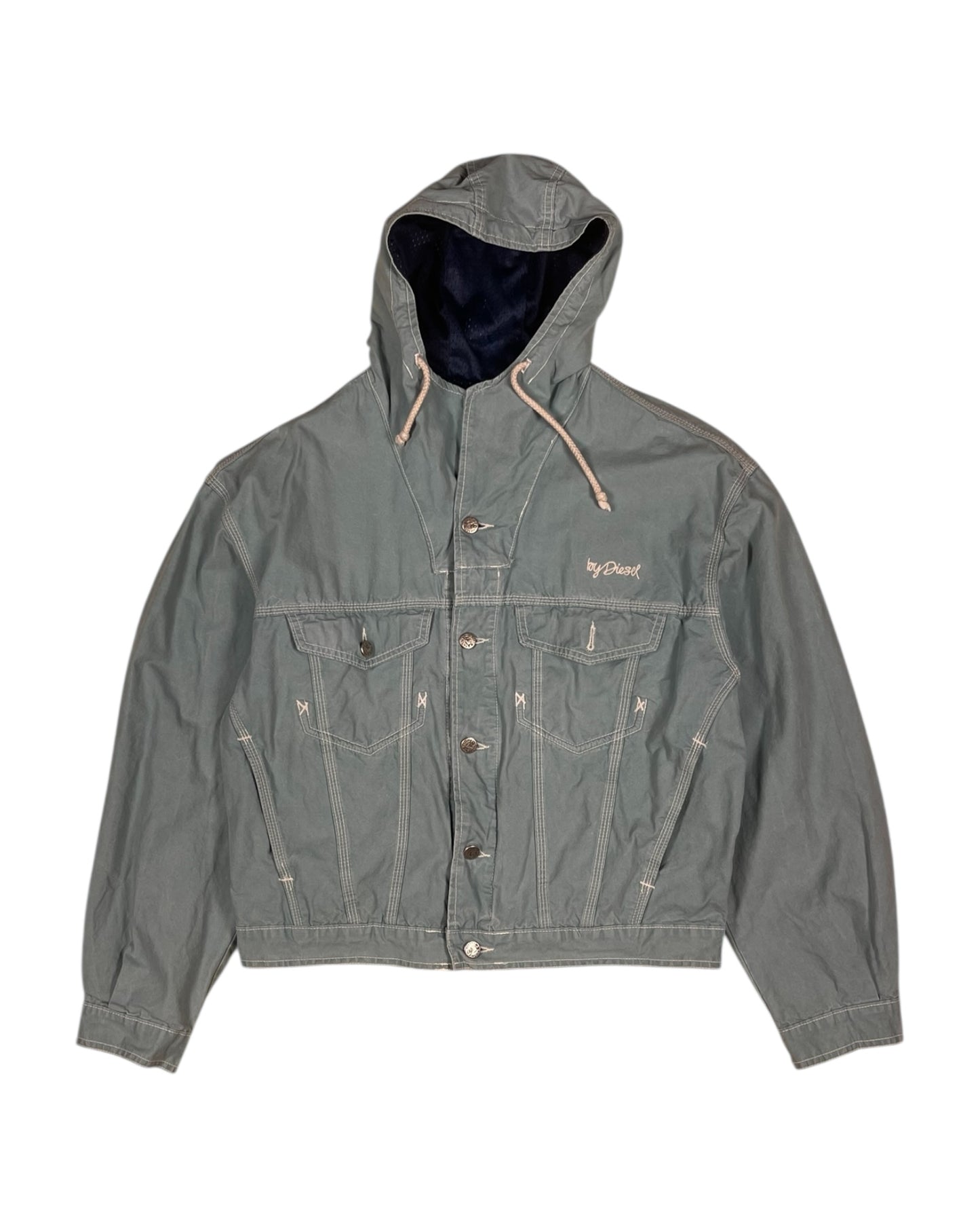 Vintage 80's 90's Diesel Hooded Jacket Size L Made in Italy Waikiki Wonder Wear Light Blue Dusty Blue