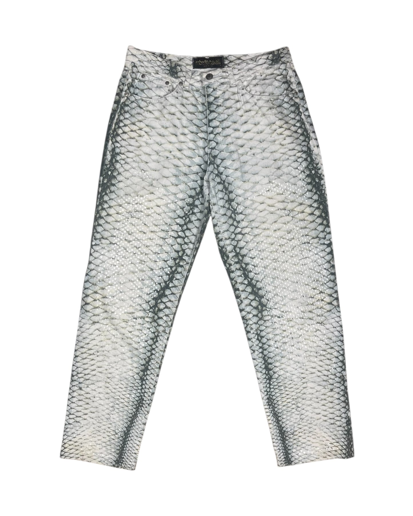 Vintage Roberto Cavalli Jeans Pants Made in Italy Size L Snakeskin Pattern Shiny Scales