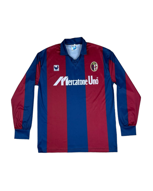 Vintage Bologna Uhlsport 1990 -1991 Home Football Shirt Size L Made in Italy Mercatone Uno Red Blue Long Sleeve