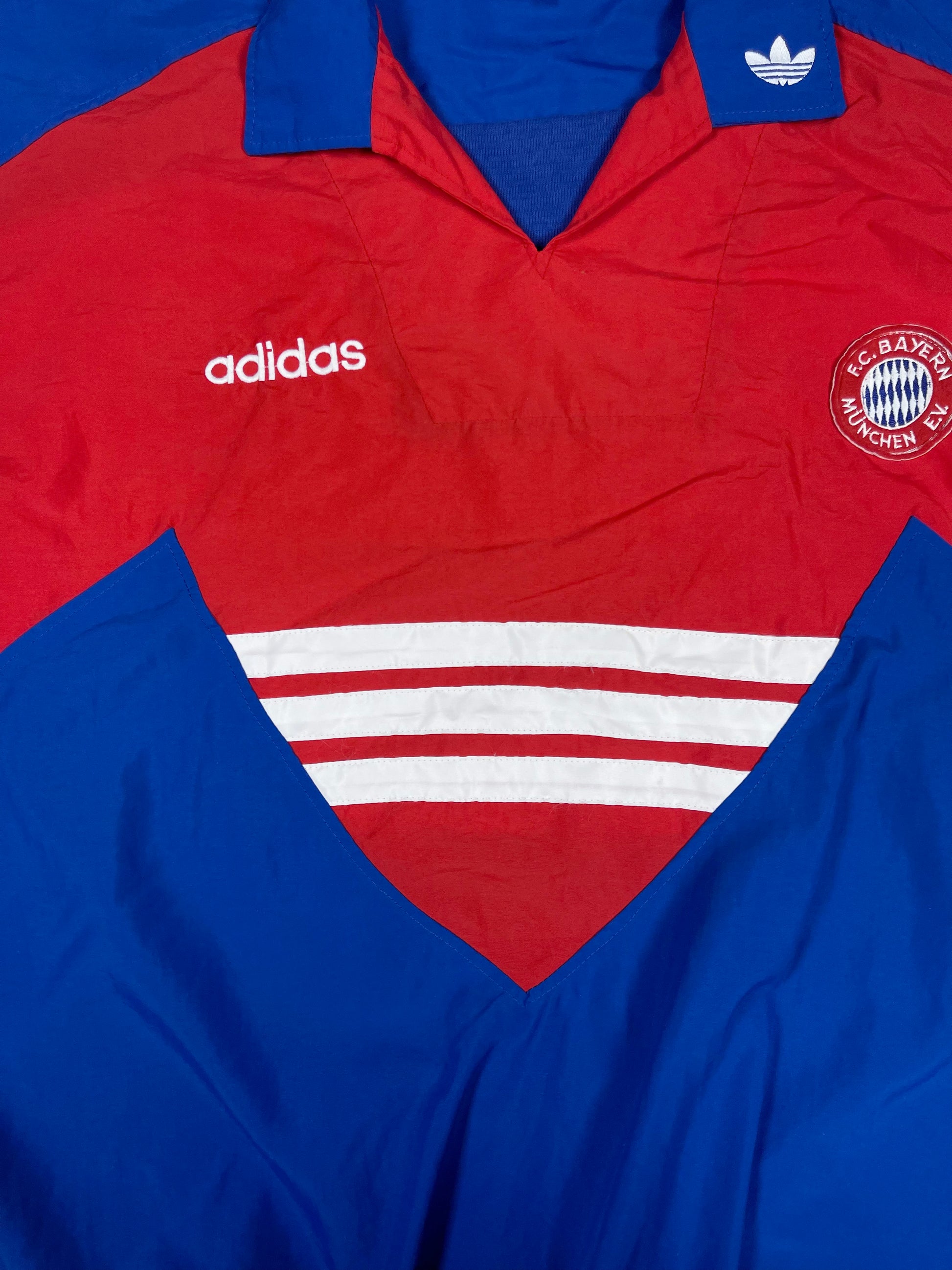Rare Vintage Bayern Munchen 1993 - 1995 Thin Drill Top Windbreaker Sweatshirt Red Blue White Made in France Polyamide