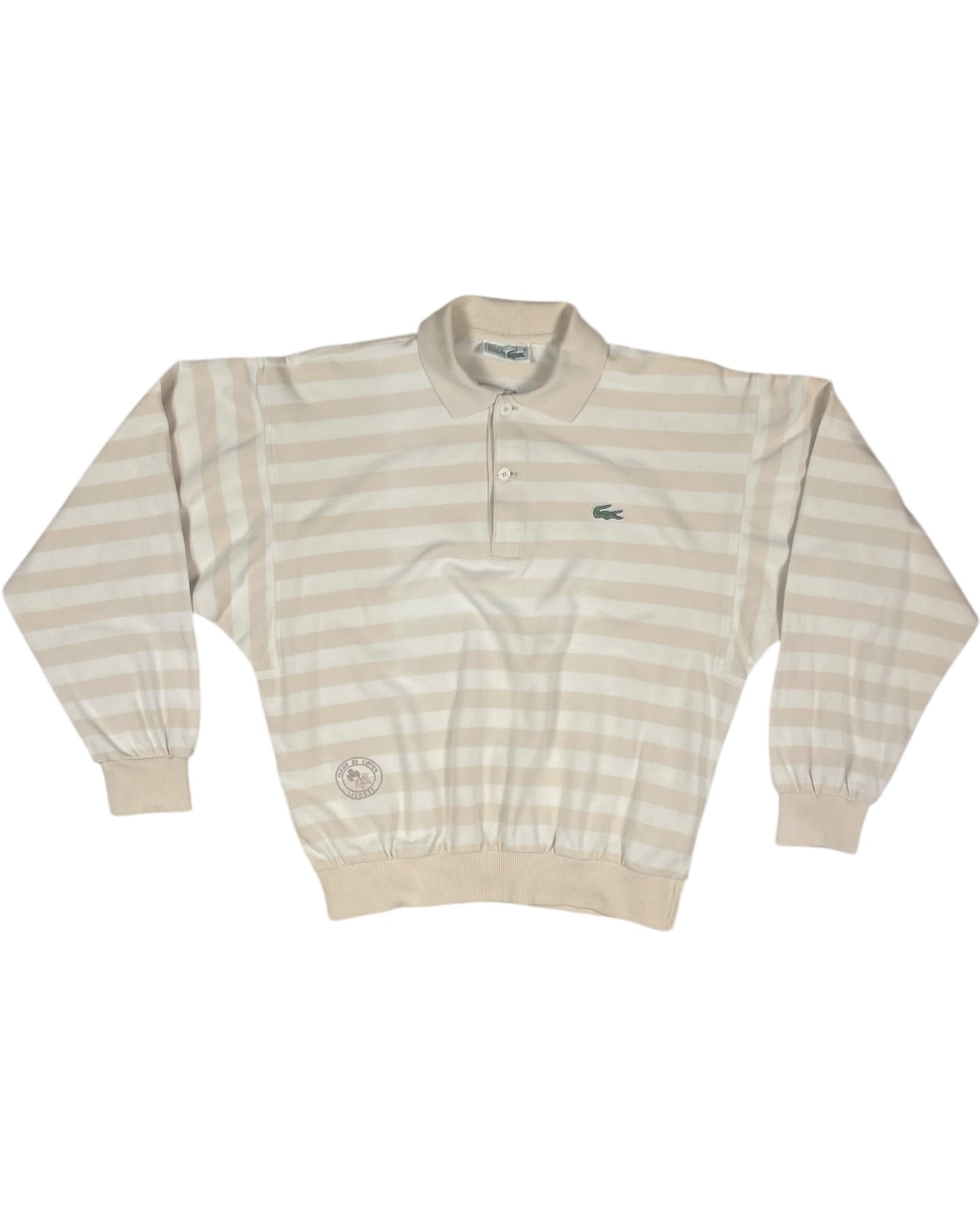 Vintage 80's 90's Lacoste Chemise Pique Fleur de Coton Made in France Striped Polo Collared Polo Sweatshirt Half Button Beige Cotton