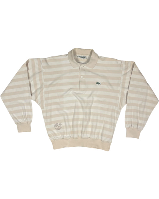 Vintage 80's 90's Lacoste Chemise Pique Fleur de Coton Made in France Striped Polo Collared Polo Sweatshirt Half Button Beige Cotton