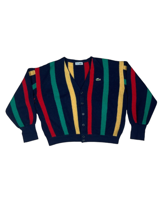 Vintage 80's Lacoste Chemise Boxy Cardigan With Stripes Made in France Navy Blue Red Yellow Red Green Pure Wool