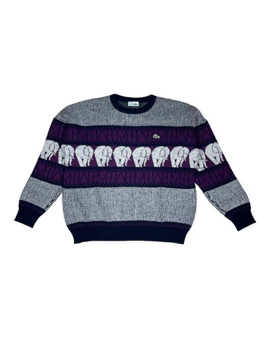 Vintage 80's Lacoste Chemise Jumper Made In France Elephants Pattern Wool Size L-XL Grey Purple