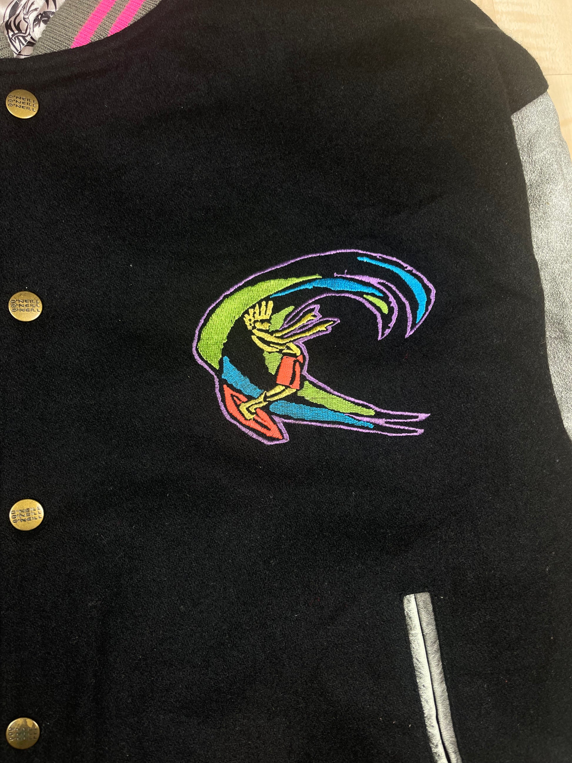 Vintage 90's O'Neill Varsity College Jacket Surf Embroidered Cow Leather Wool Size M