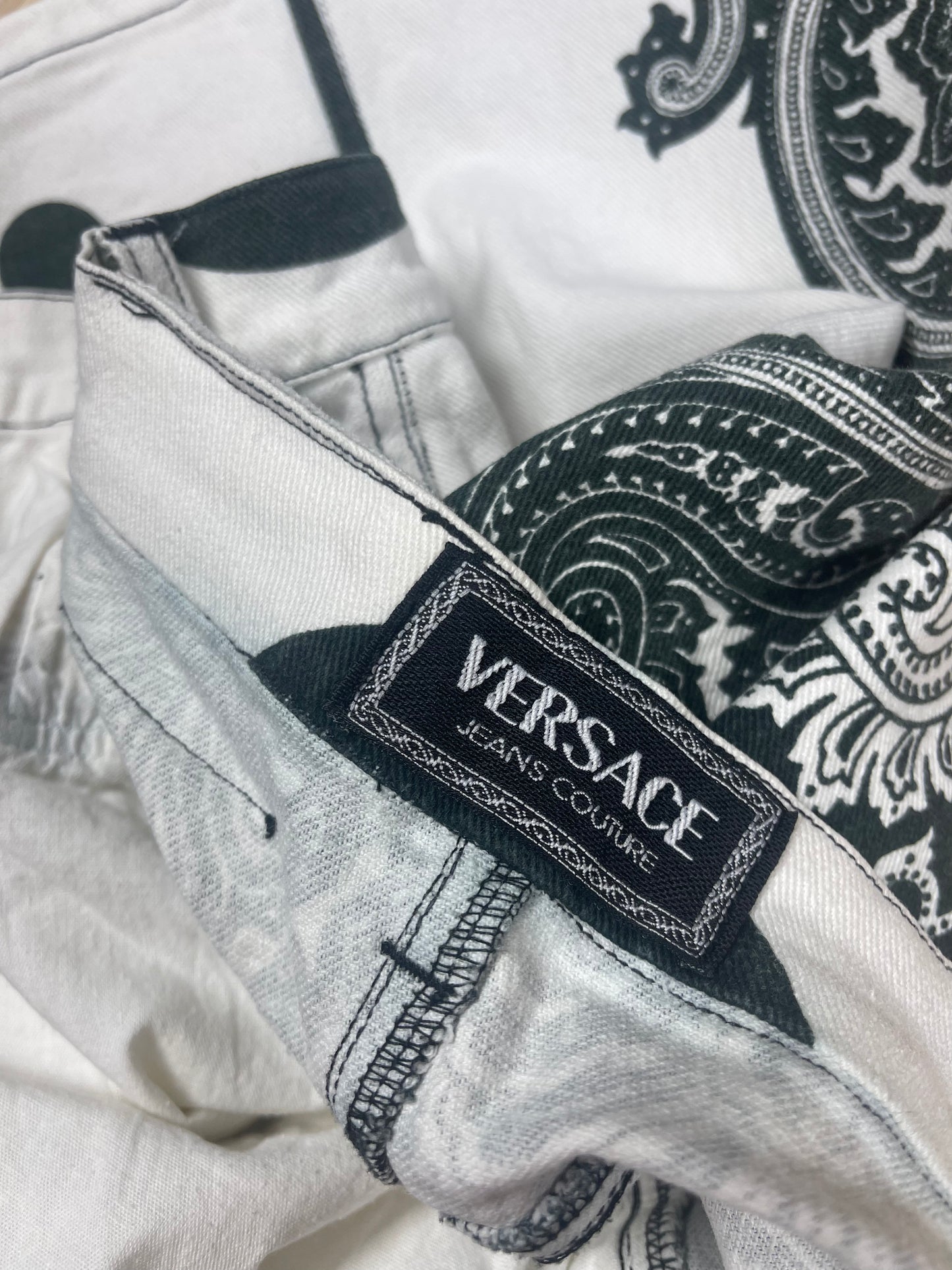 Vintage 90's Versace Jeans Couture Pencil High Waist Skirt Baroque Print Polka Dot Denim Made in Italy Ittierre Size S