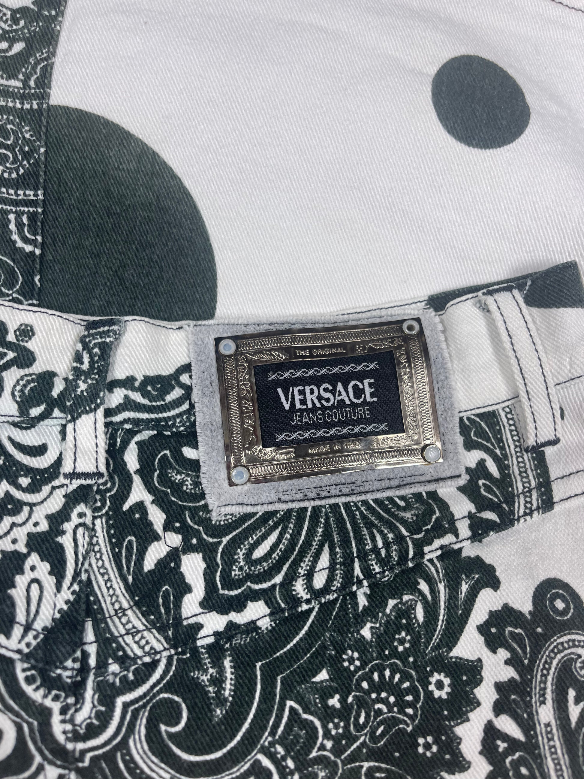 Vintage 90's Versace Jeans Couture Pencil High Waist Skirt Baroque Print Polka Dot Denim Made in Italy Ittierre Size S