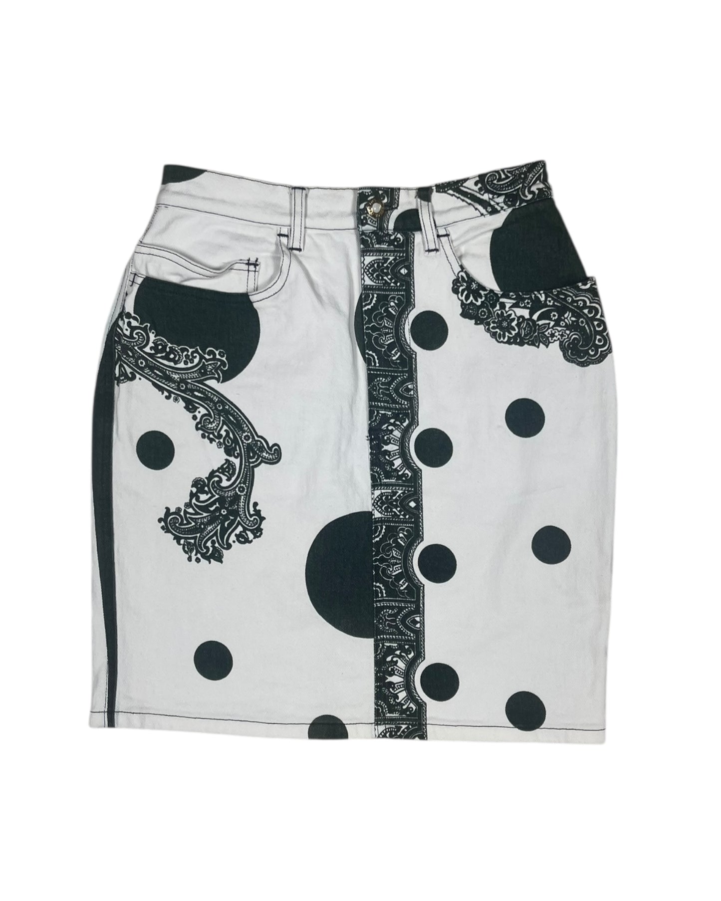 Vintage 90's Versace Jeans Couture Pencil High Waist Skirt Baroque Print Polka Dot Denim Made in Italy Ittierre Size S