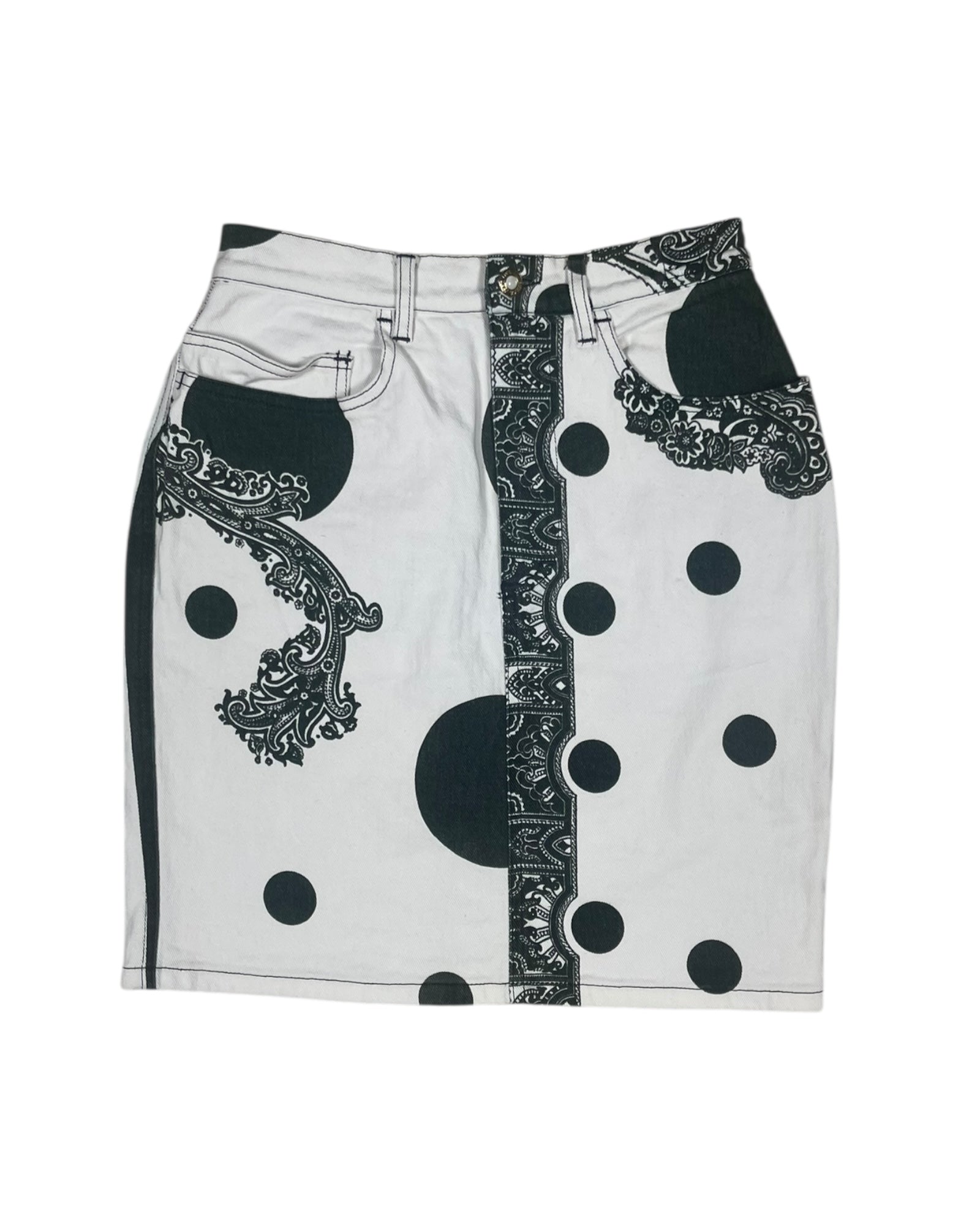 Vintage 90's Versace Jeans Couture Pencil High Waist Skirt Baroque Print Polka Dot Denim Made in Italy Ittierre Size S