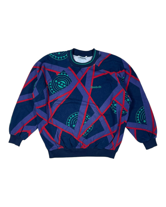 Vintage '90s Reebok Sweatshirt Crew Neck Size L Abstract Pattern Purple Red Green Black