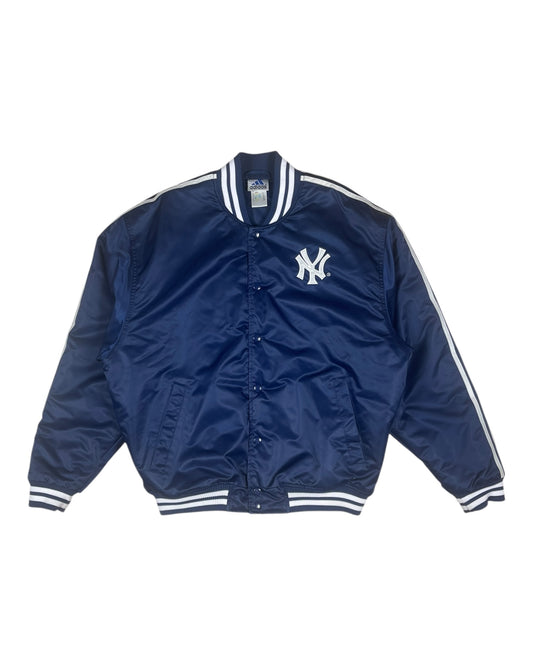 Vintage Adidas 2000 New York NY Baggy Thick Varsity Bomber Jacket College Baseball Jacket Navy Blue Shiny Size M-L