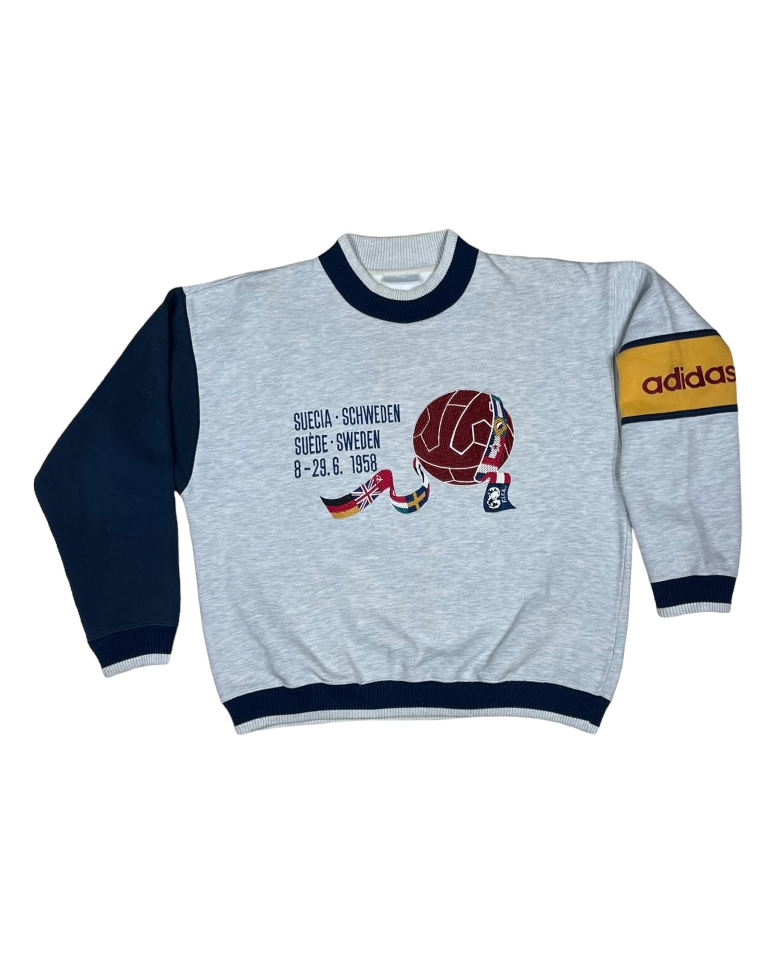 Vintage Adidas Sweatshirt Crew Neck Sweden Suecia Schweden Suede 8-29.06 1958 FIFA World Cup Coupe Jules Rimet VM Heavy Cotton Size M Grey Blue