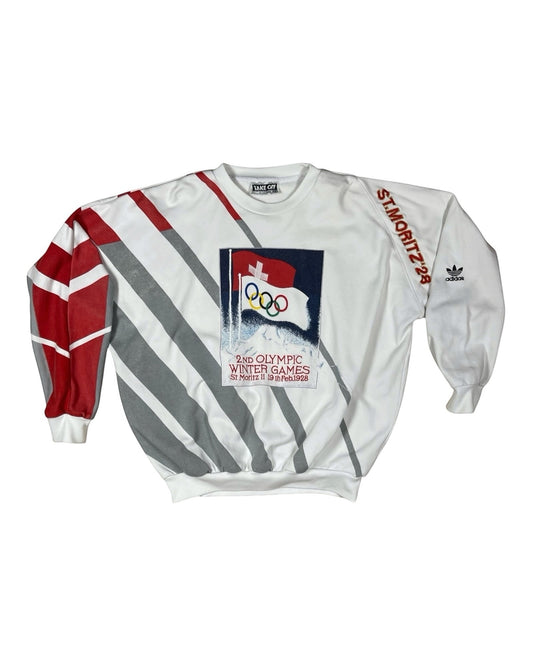 Vintage Adidas Take Off Sweatshirt Crew Neck  2ND Olympic Winter Games St Moritz 11 - 19th Feb. 1928 Squaw Valley '60 Olympiques D'Hiver Made in Taiwan Size Baggy M-L White Red Green Blue Yellow Embroidery