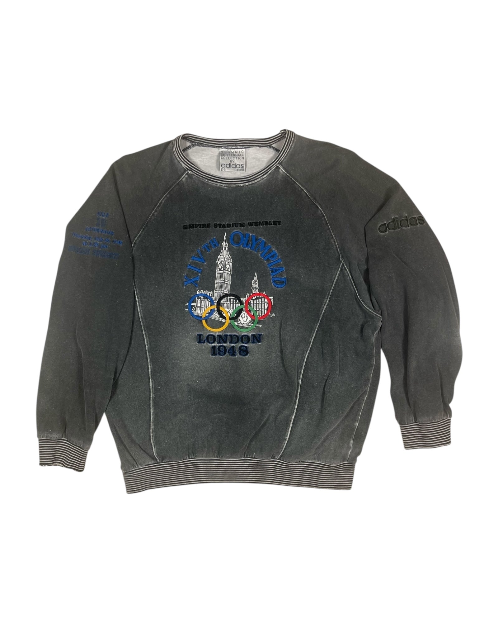 😍 Vintage Adidas Vintage Olympic Centennial Collection London 1948 Empire Stadium Wembley London 1948 July 29 Washed Grey Pullover Sweatshirt Crew Neck Size M