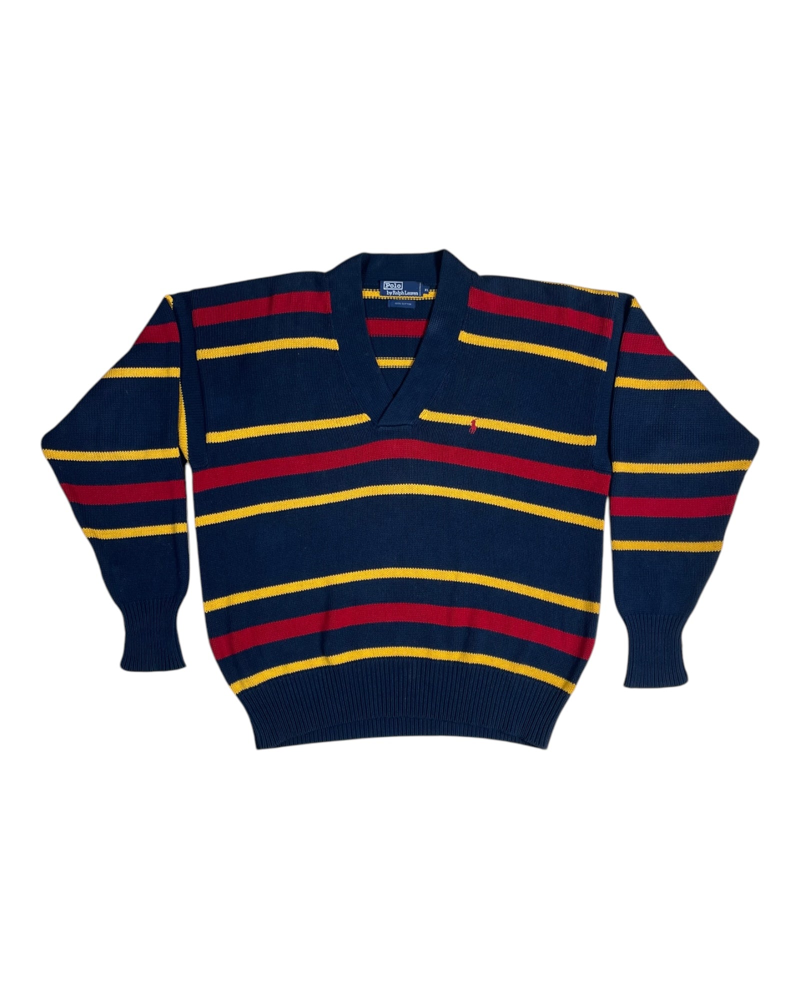 Vintage Ralph Lauren V-Neck Jumper Navy Blue Yellow Red Stripes Size XL
