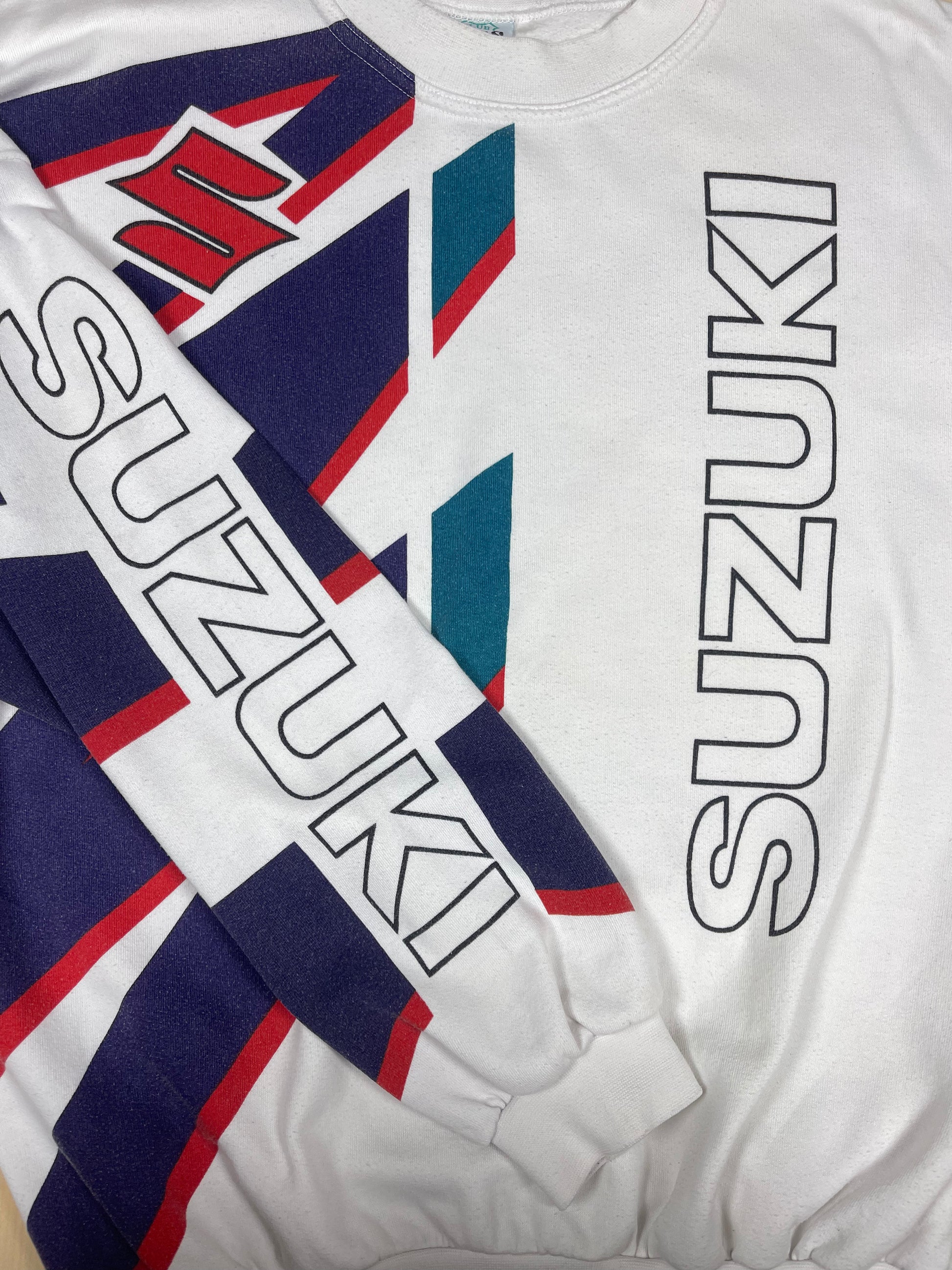Vintage Suzuki Racing Sweatshirt White Cotton Size L XL
