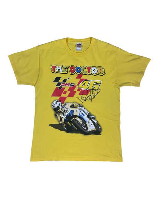 Vintage Valentino Rossi The Doctor 46 Moto GP Fruit Of the Loom T-Shirt 100% Heavy Cotton Size L Yellow Single Stich Racing Tee