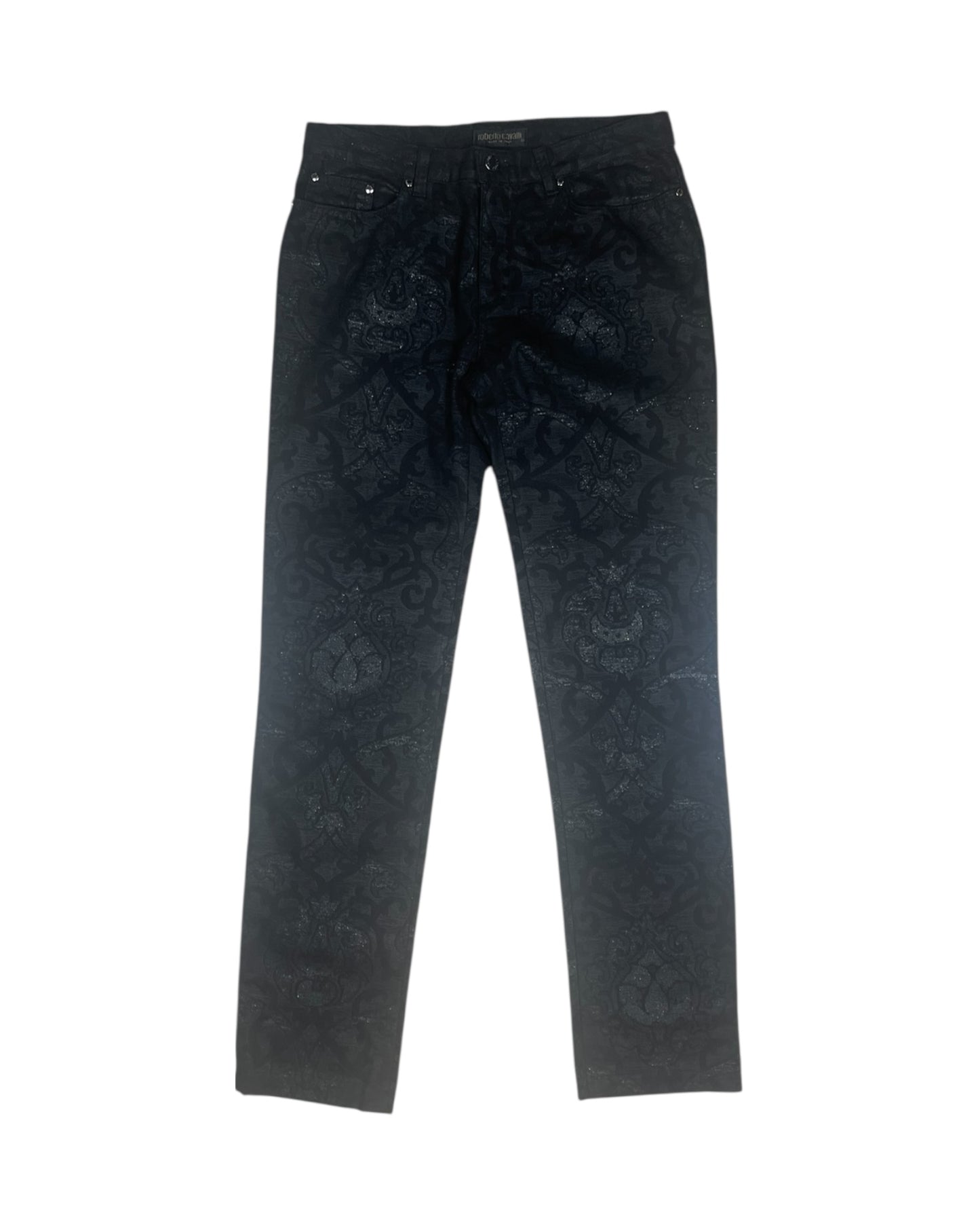 Y2K Roberto Cavalli Pants Jeans Size M Made in Italy Mid-Rise Waist Black Baroque Glitter Metallic Shimmer Cotton Elasthan