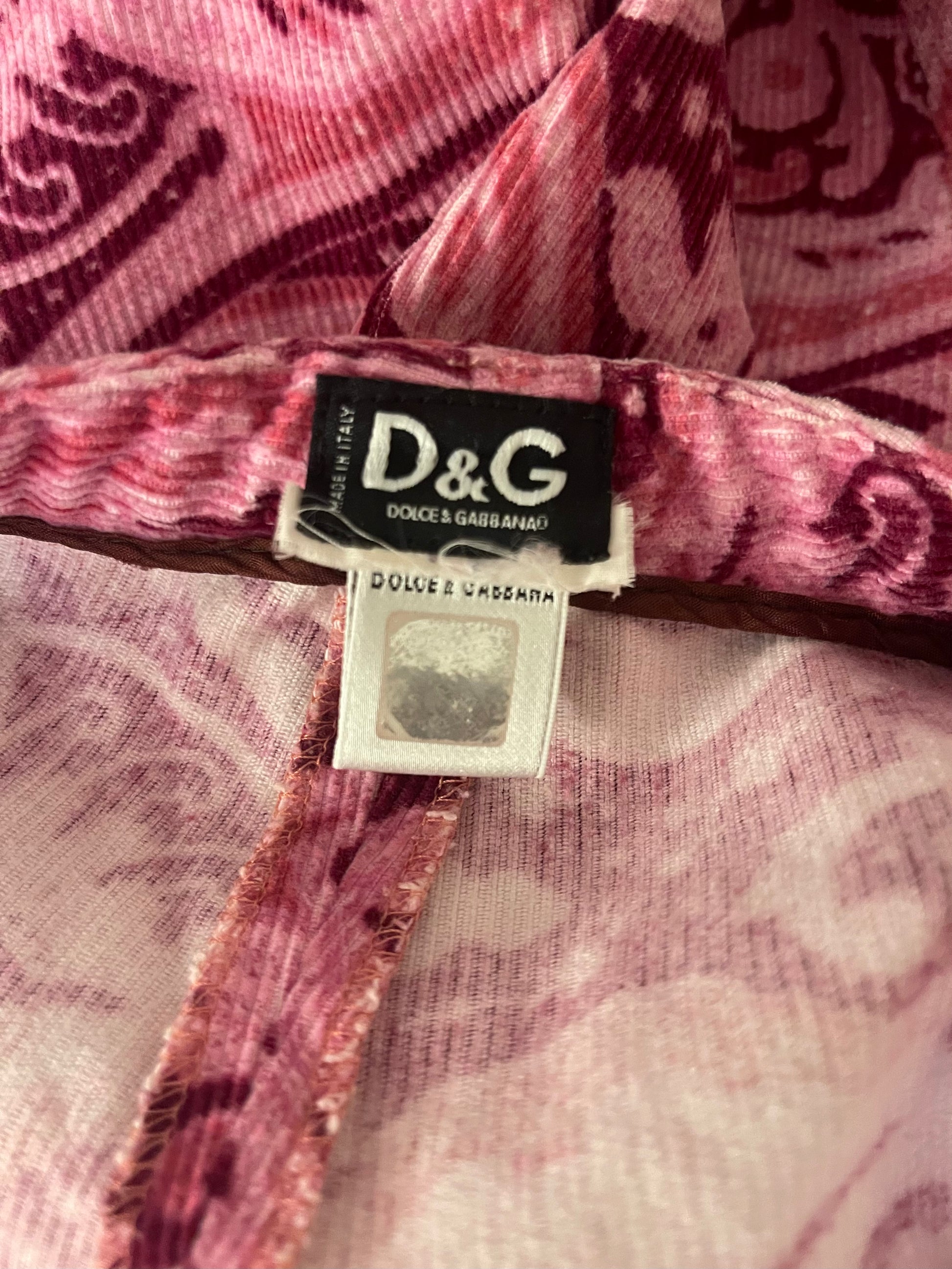 Y2K D&G Dolce & Gabbana Bootcut Pants Trousers Ittierre Spa Retro Psychedelic Paisley Barbie Pink  & Plum Art Nouveau Vibe Corduroy Low Waist Made in Italy Size S-M