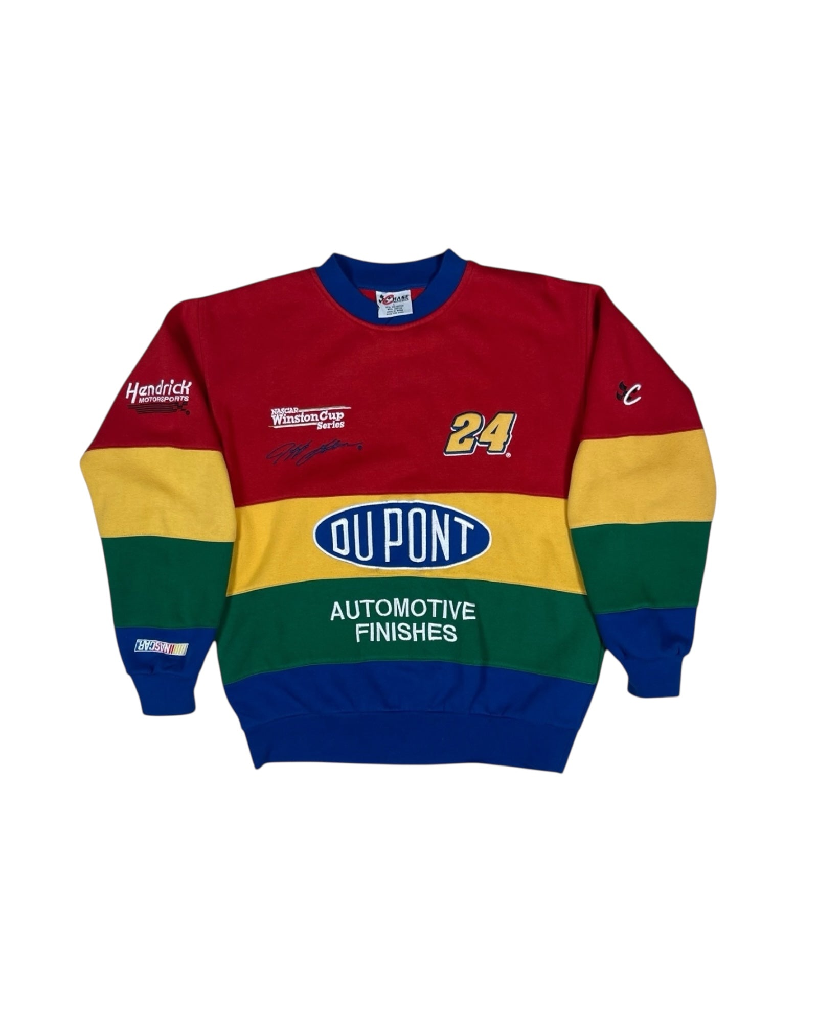 Y2K Nascar Jeff Gordon 24 Du Pont Rainbow Blue Green Yellow Red Racing Sweater Chase Authentic Sweatshirt Automotive Finishes Hendrick Motorsports Size L