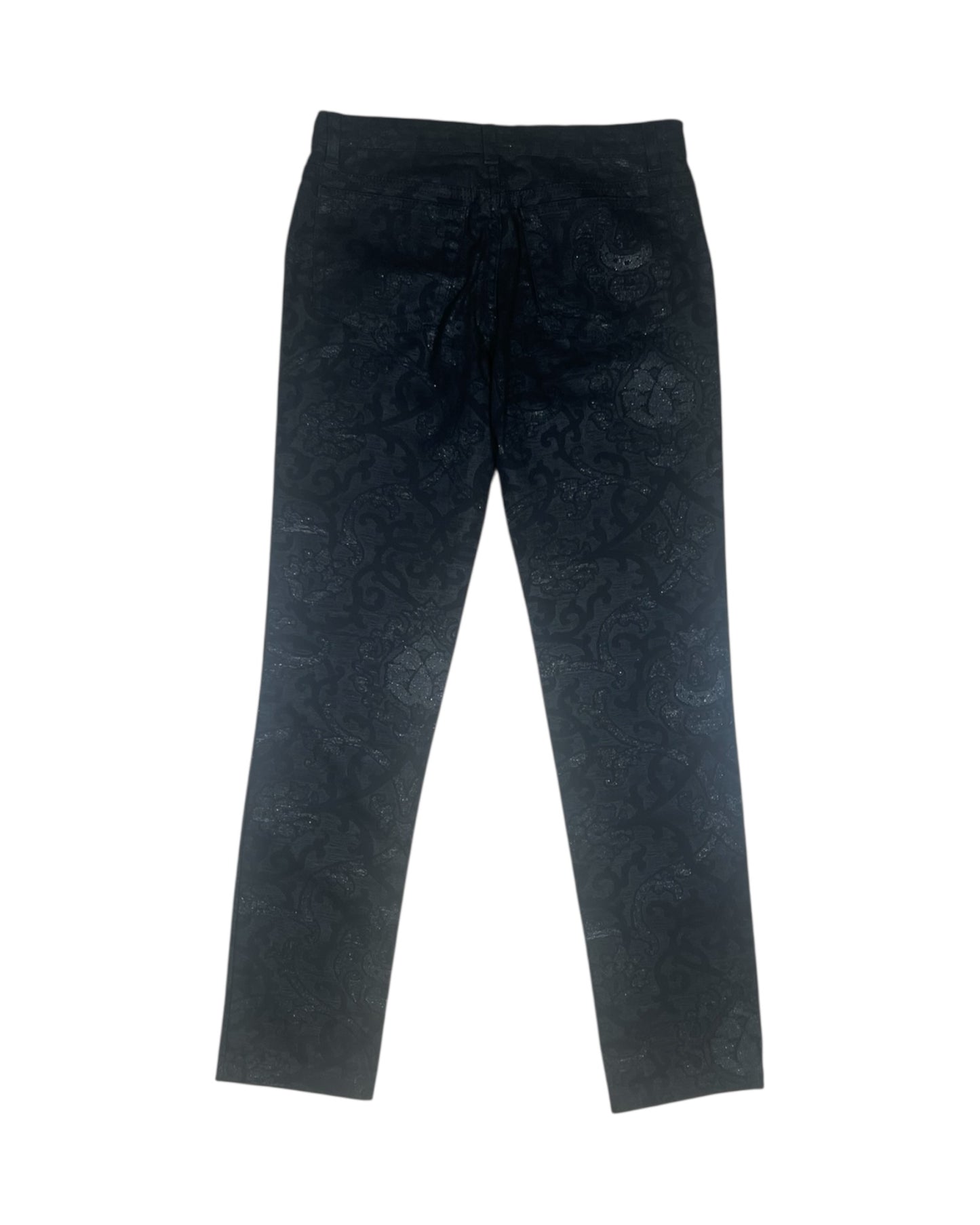 Y2K Roberto Cavalli Pants Jeans Size M Made in Italy Mid-Rise Waist Black Baroque Glitter Metallic Shimmer Cotton Elasthan