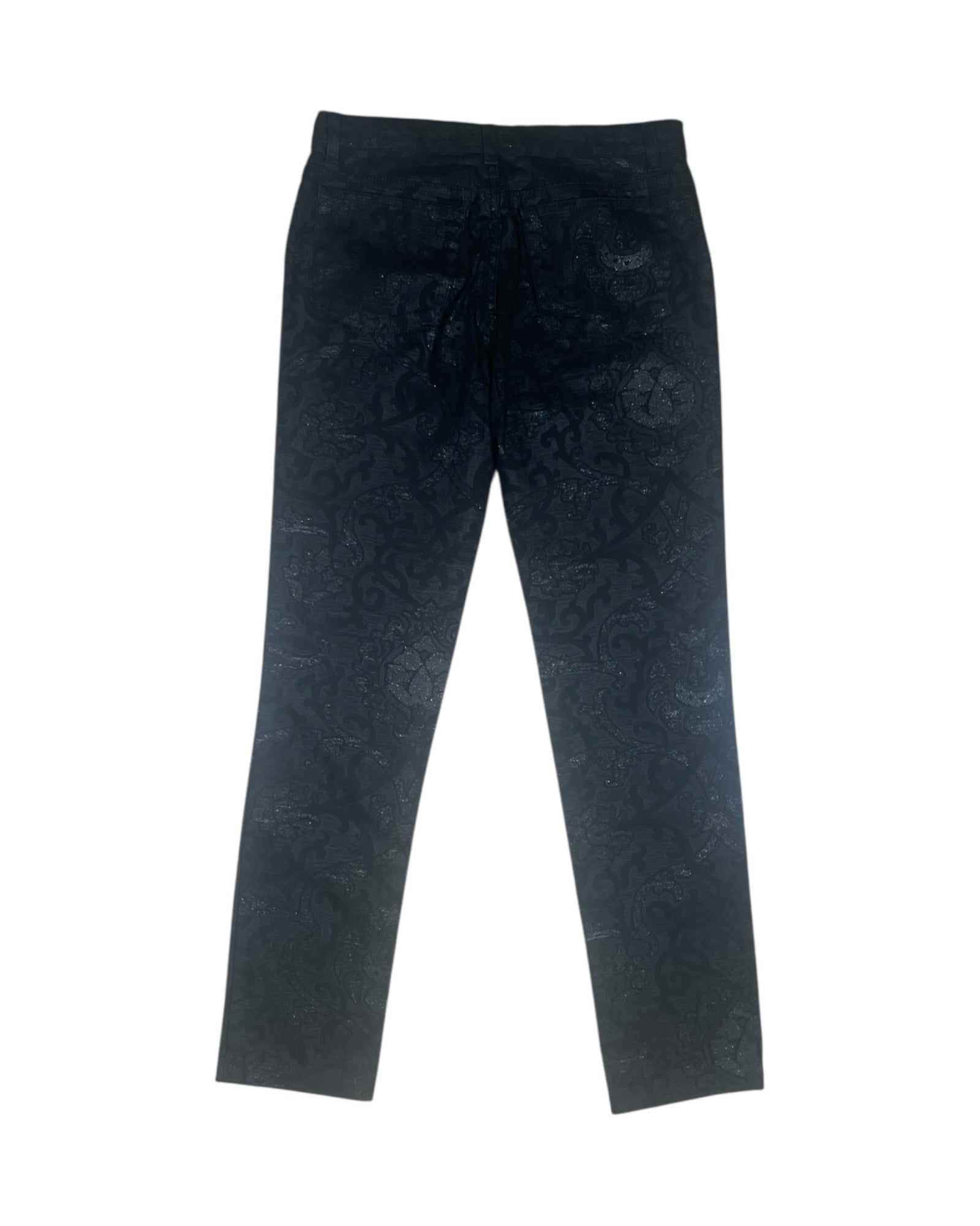 Y2K Roberto Cavalli Pants Jeans Size M Made in Italy Mid-Rise Waist Black Baroque Glitter Metallic Shimmer Cotton Elasthan