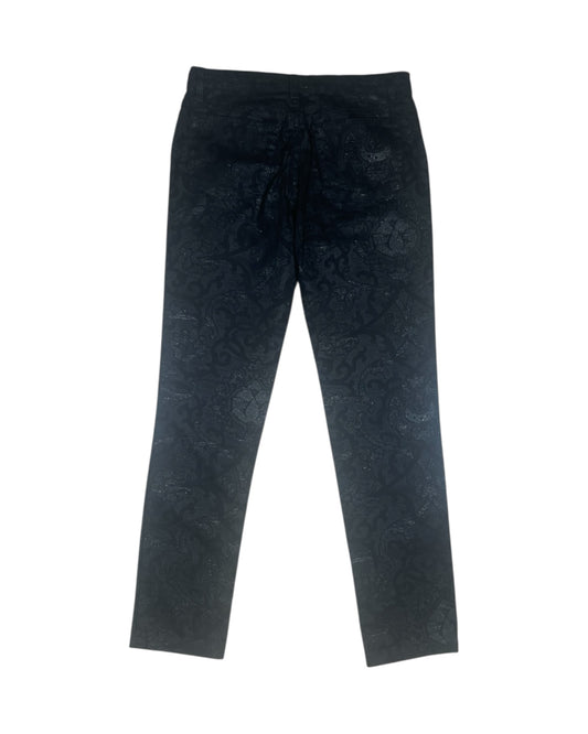 Y2K Roberto Cavalli Pants Jeans Size M Made in Italy Mid-Rise Waist Black Baroque Glitter Metallic Shimmer Cotton Elasthan