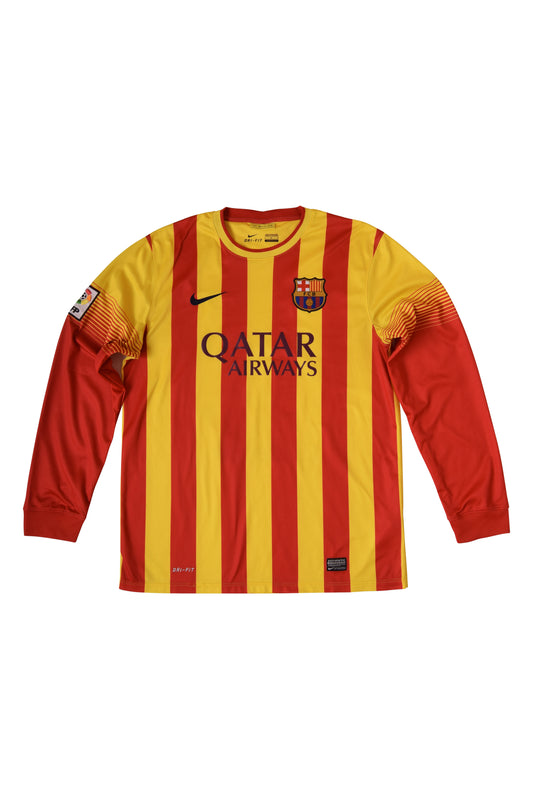 Barcelona Nike Away 2013-2014 Football Shirt Yellow Red Stripes Size L Long Sleeves